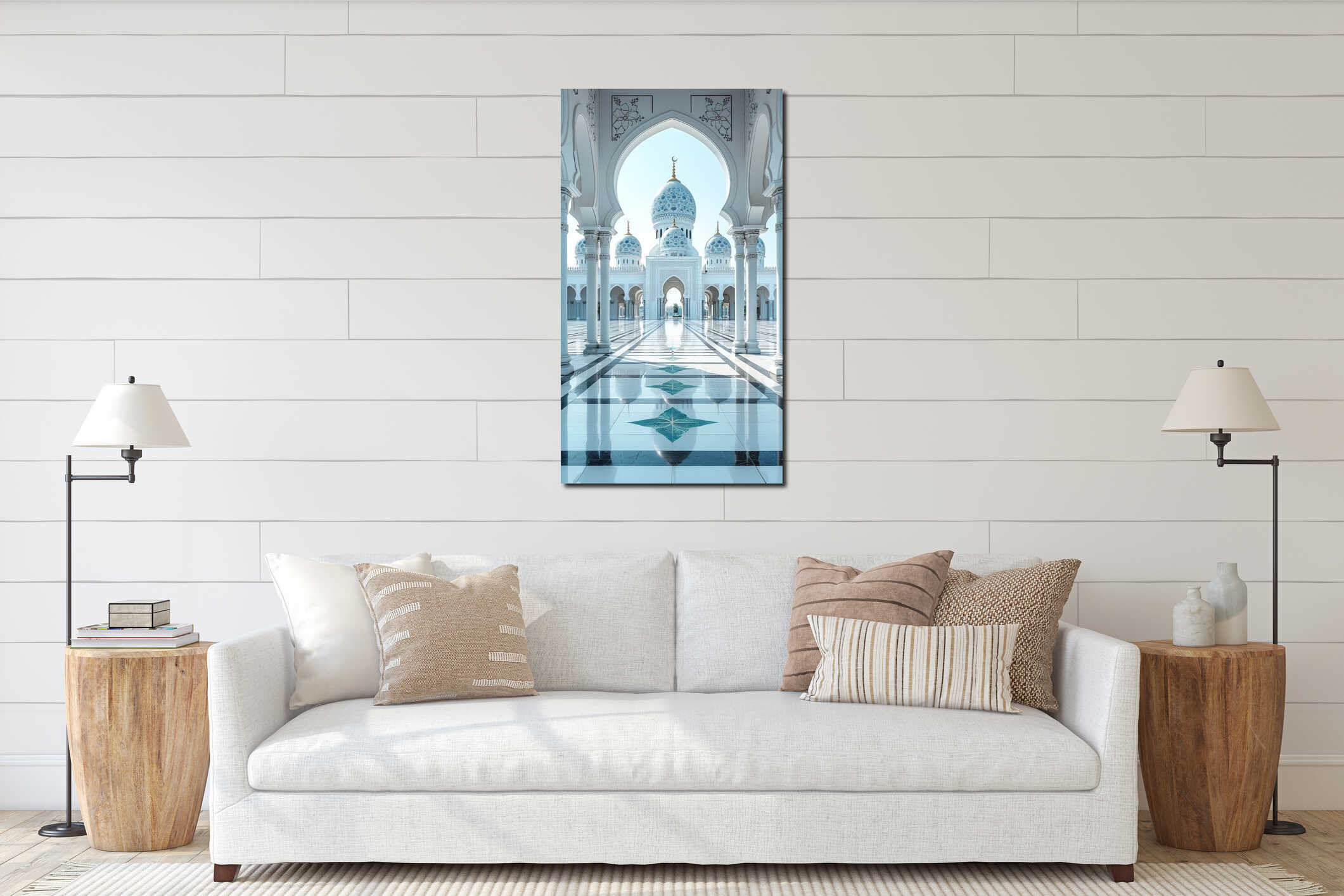 Interior view of grand mosque with blue domes and intricate arches, reflecting on polished floor. Islamic New Year. interior mockup