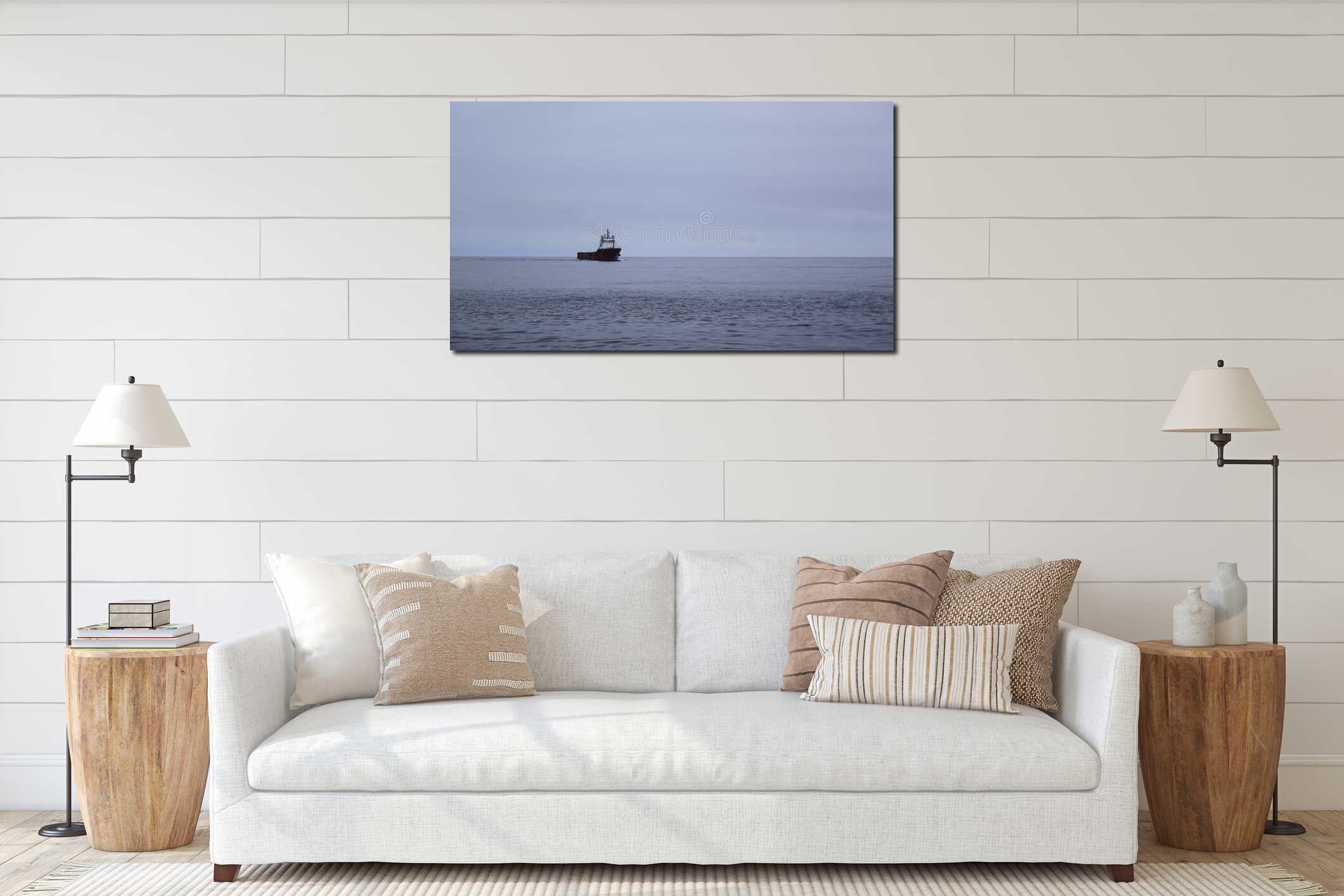 Floating ferry on background of cloudy sea horizon. Clip. Beautiful landscape with ferry in open sea. Ship on cruise in interior mockup
