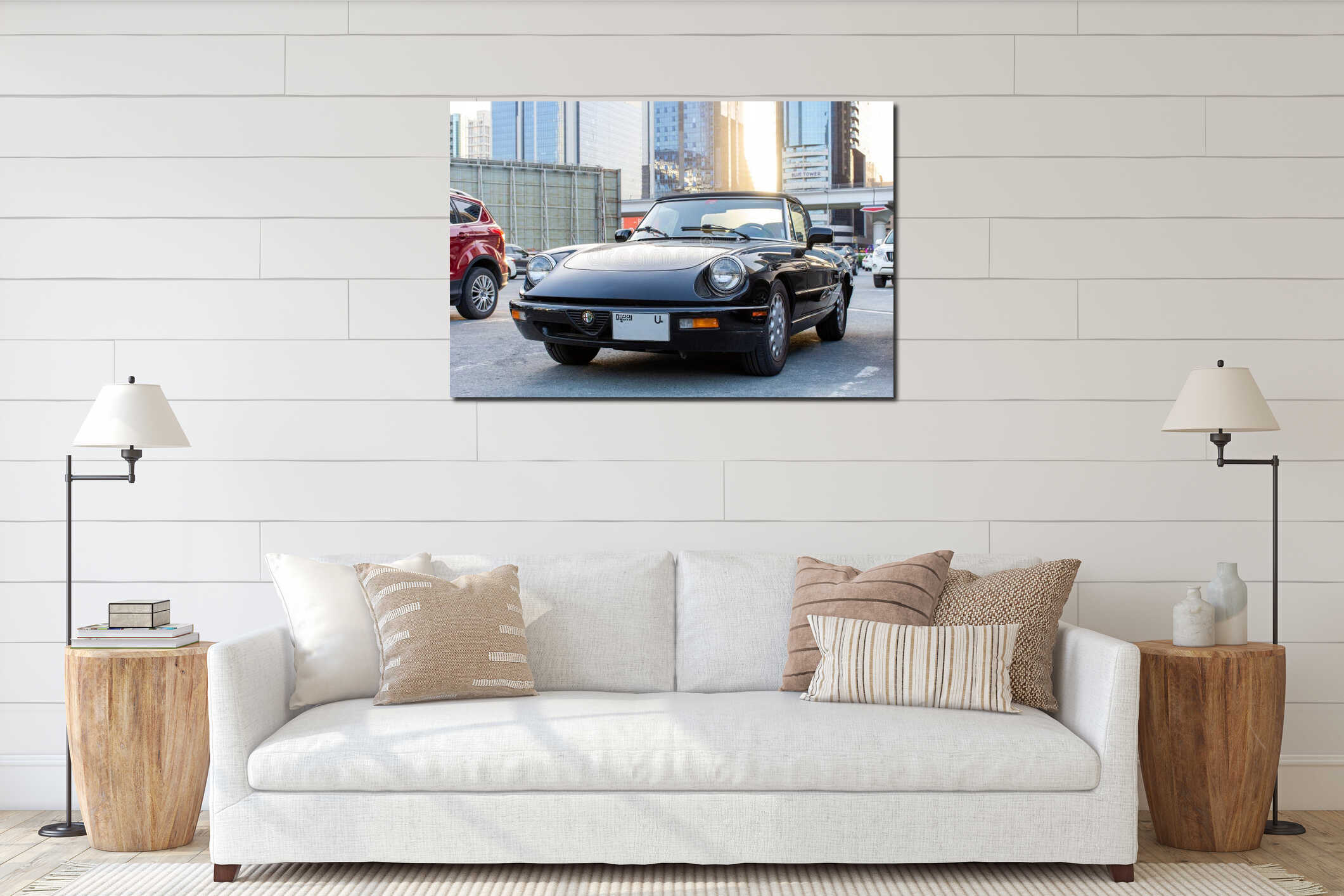 Close-up of 1987 Alfa Romeo Spider Veloce in the parking in Dubai City. interior mockup