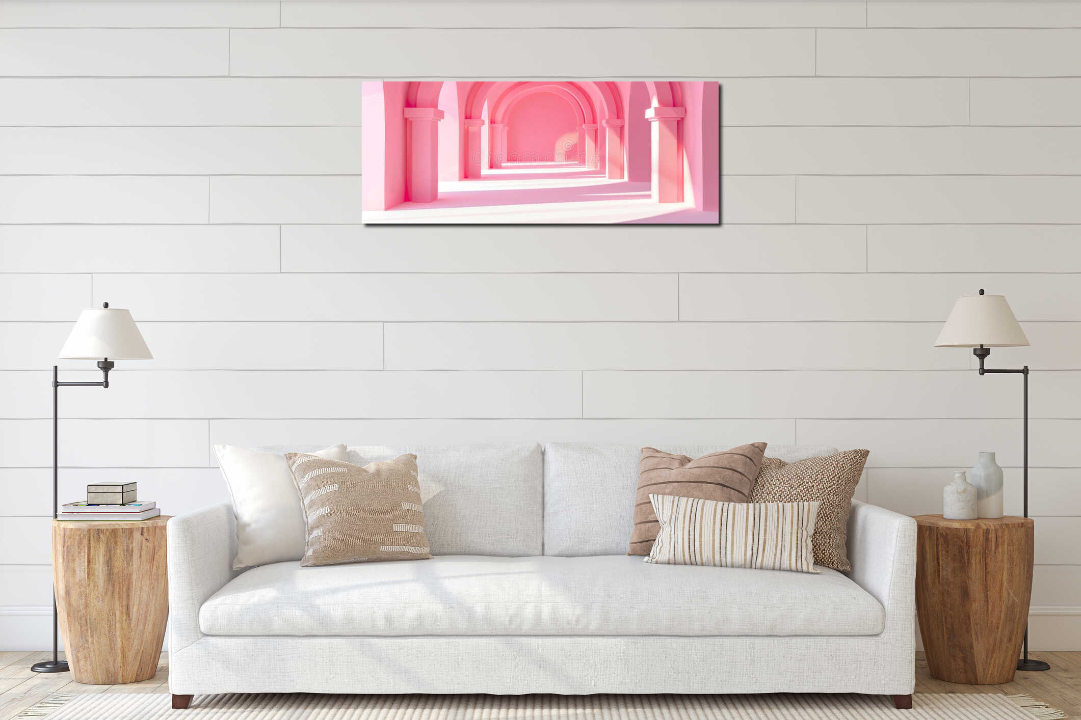 Minimalistic interior with pink arches and white floor in soft sunlight interior mockup