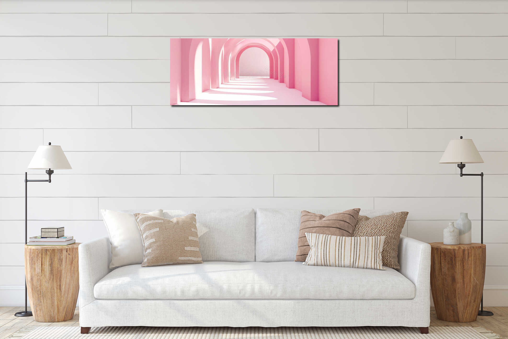 Minimalistic pink arches in a sunlit corridor with white flooring interior mockup