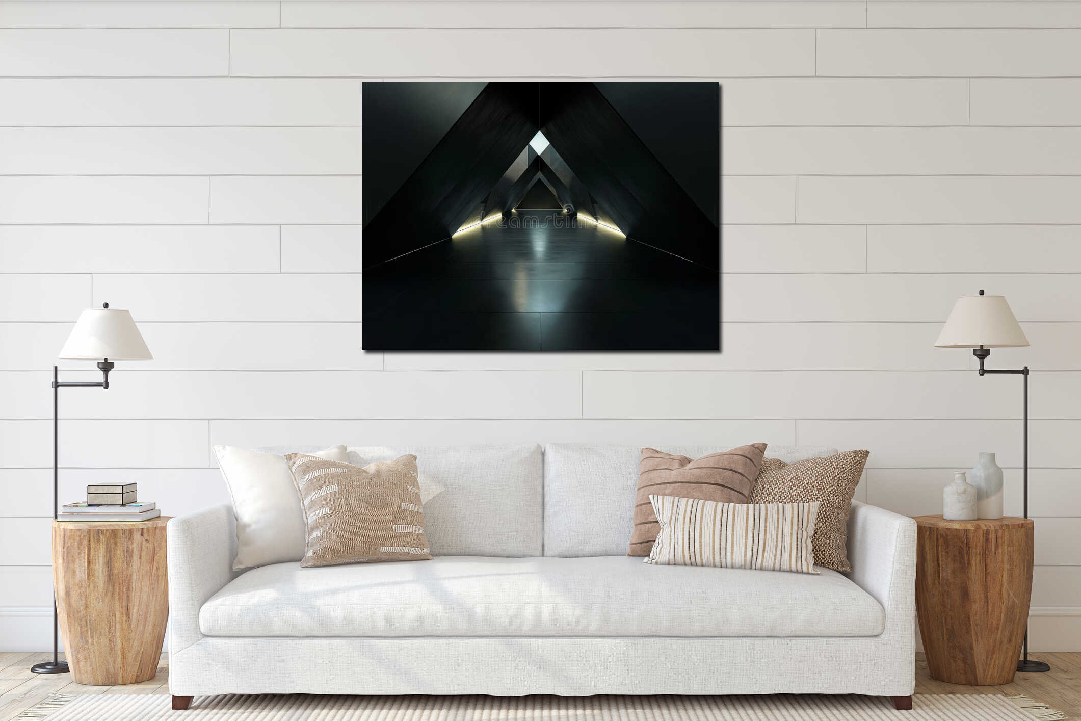 Geometric Dark Hallway with Illuminated Edges interior mockup