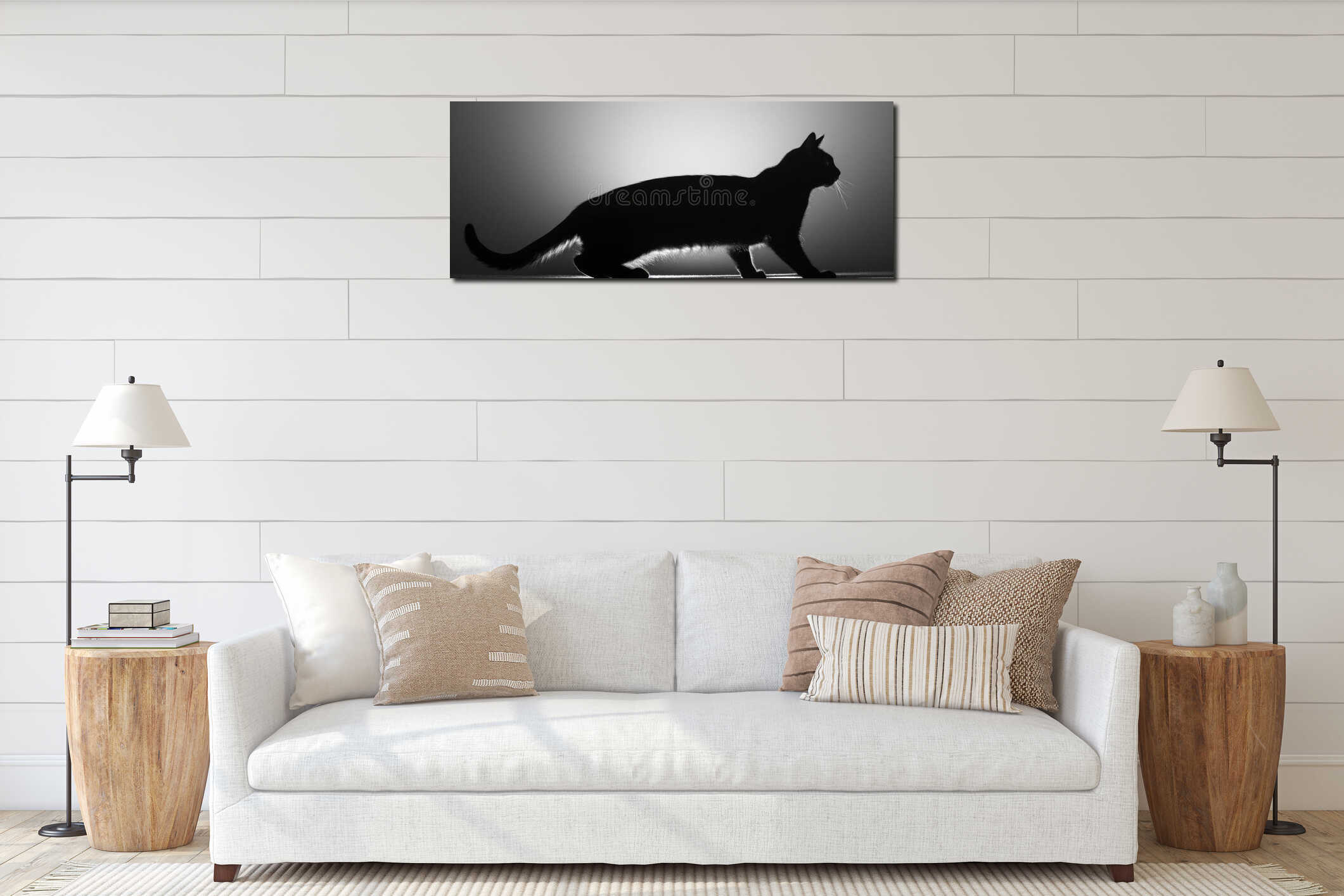 Silhouette of a black cat walking gracefully interior mockup