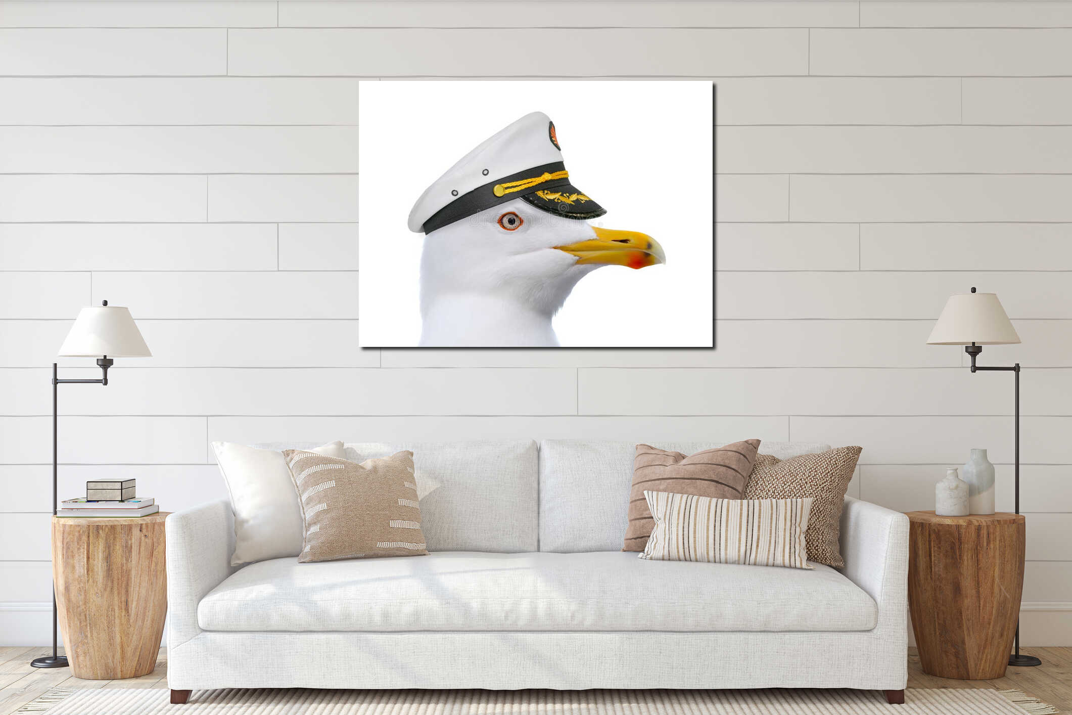 portrait seagull in a sea captain's cap isolated on a white interior mockup