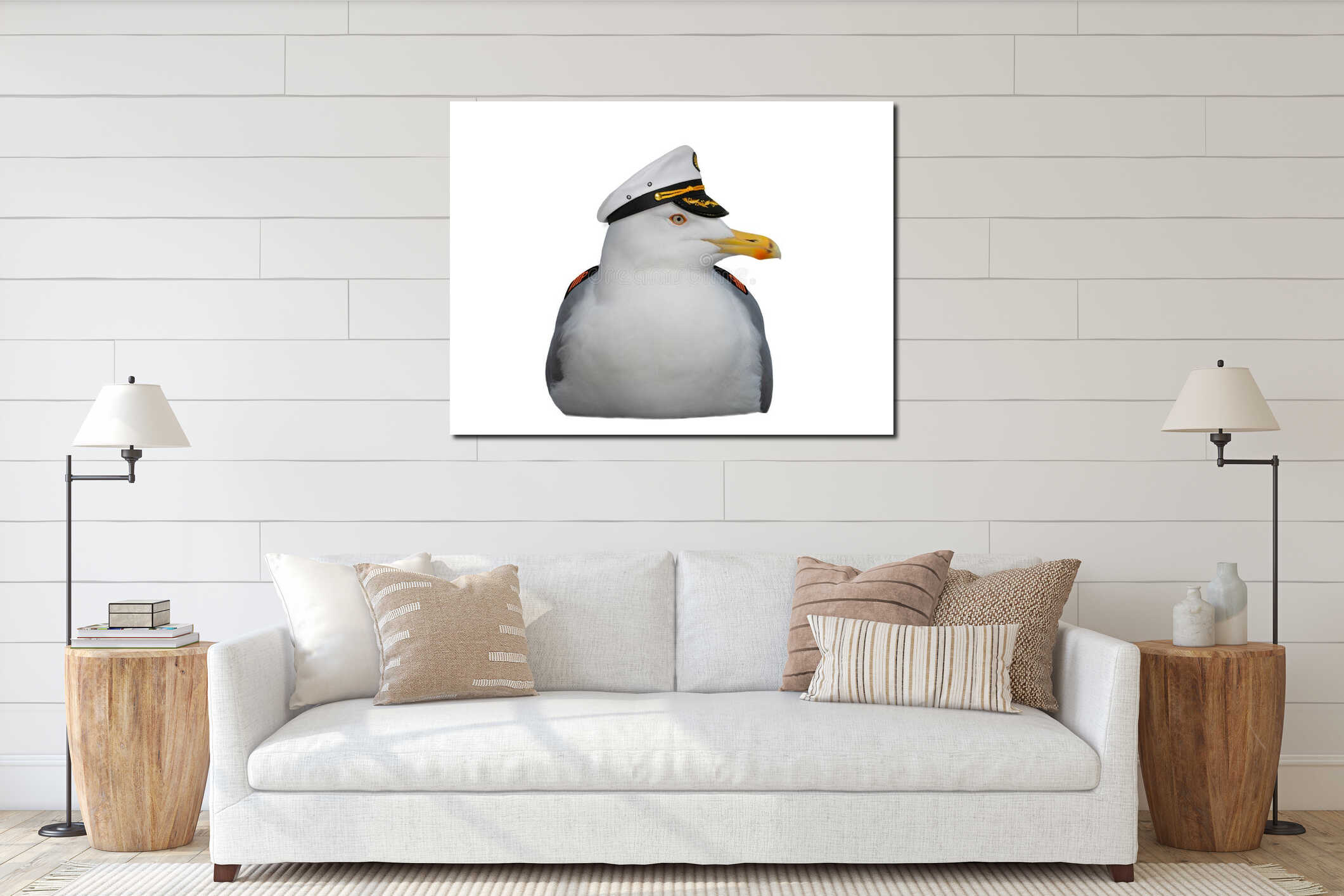 portrait seagull in a sea captain's cap isolated on white background interior mockup