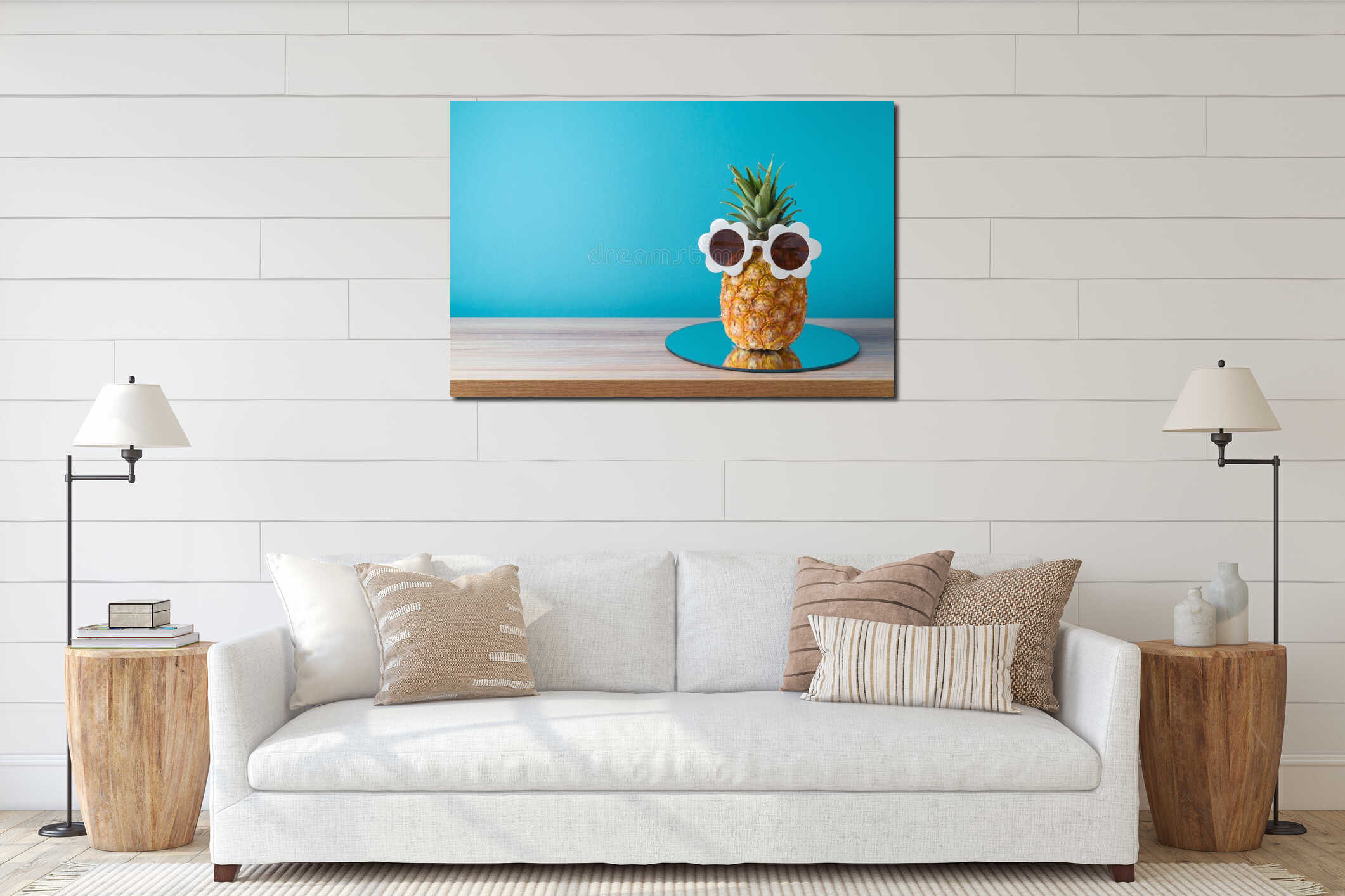 Summer holidays vacation and beach party concept. Pineapple with sunglasses and mirrored tray on wooden table over blue background interior mockup