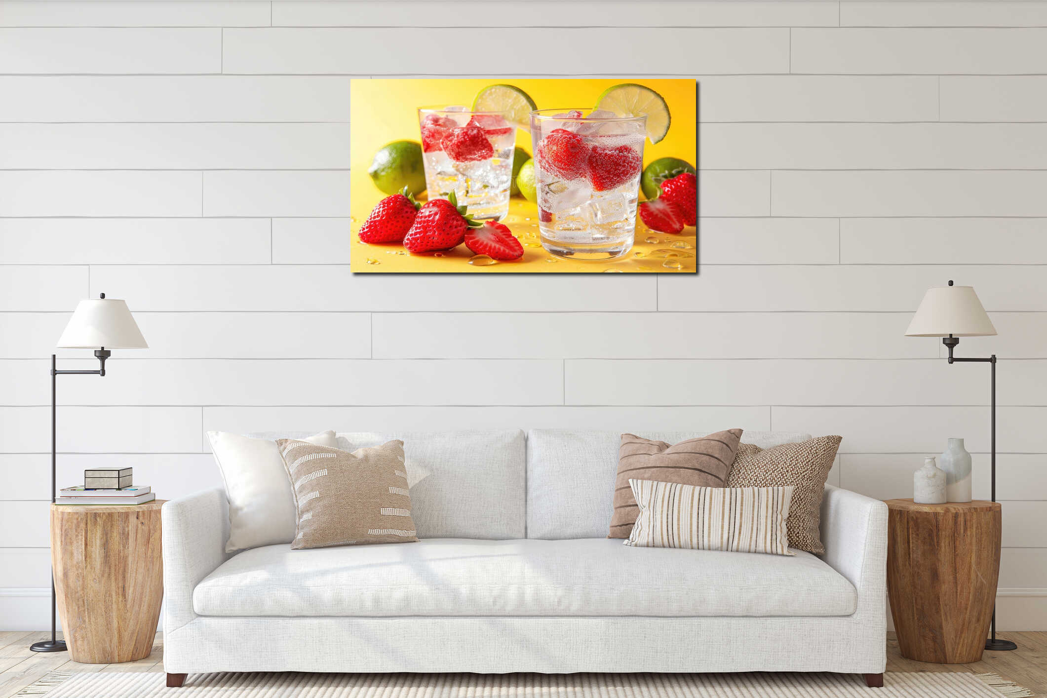 Two glasses of water with strawberries and limes in them interior mockup
