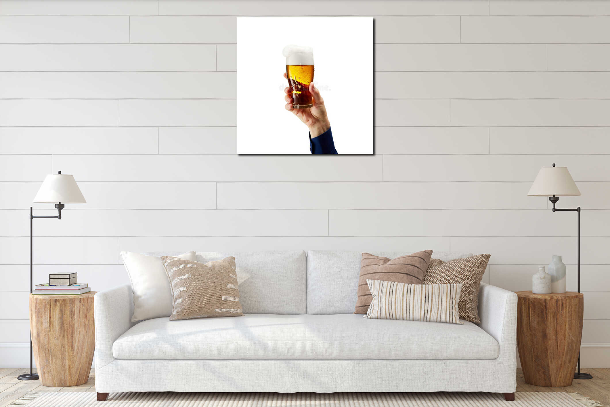 Traditional festival drink. Male hand holding glass with cool lager foamy beer isolated on white background interior mockup