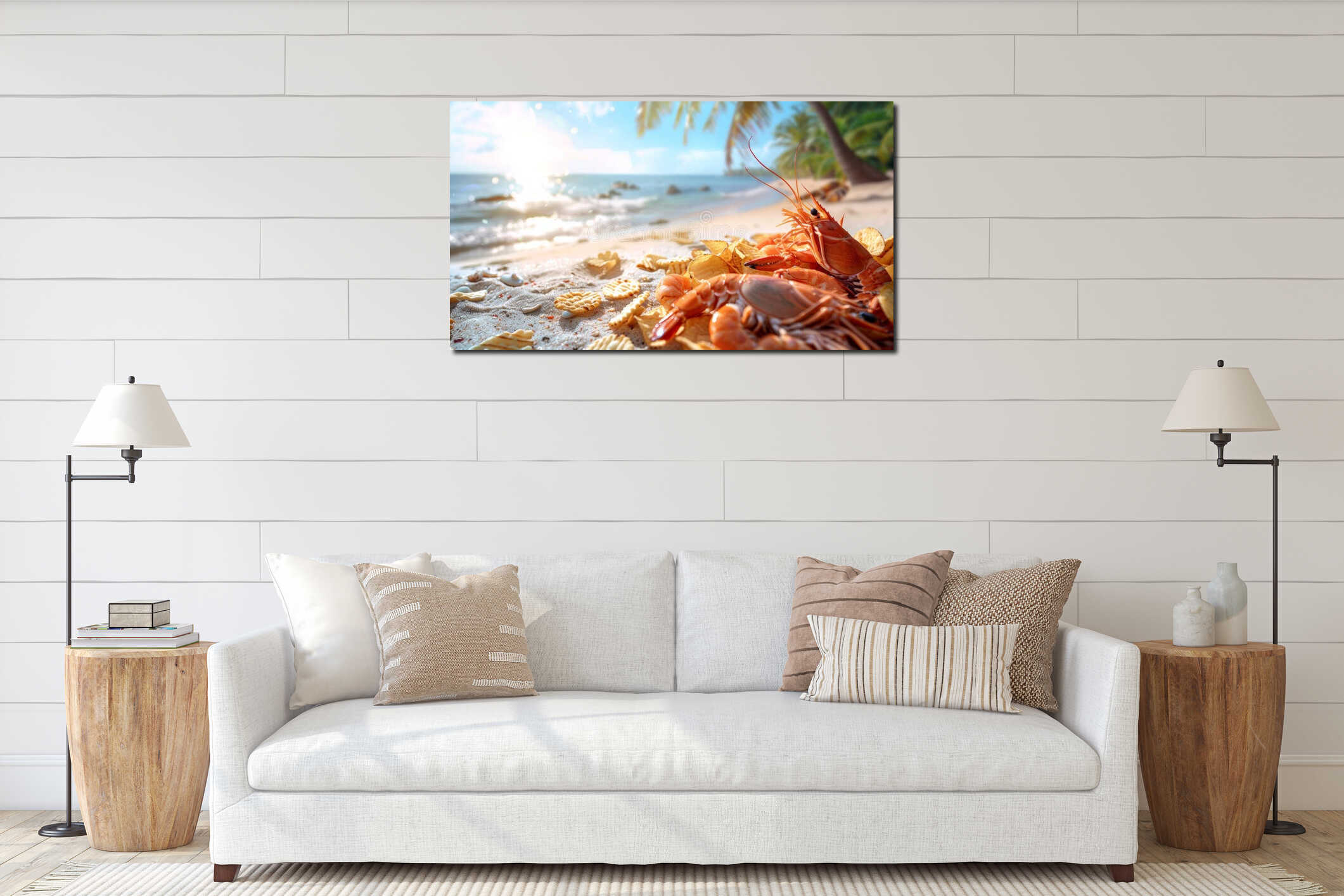 A group of lobsters sitting on a beach with shells and sand, AI interior mockup