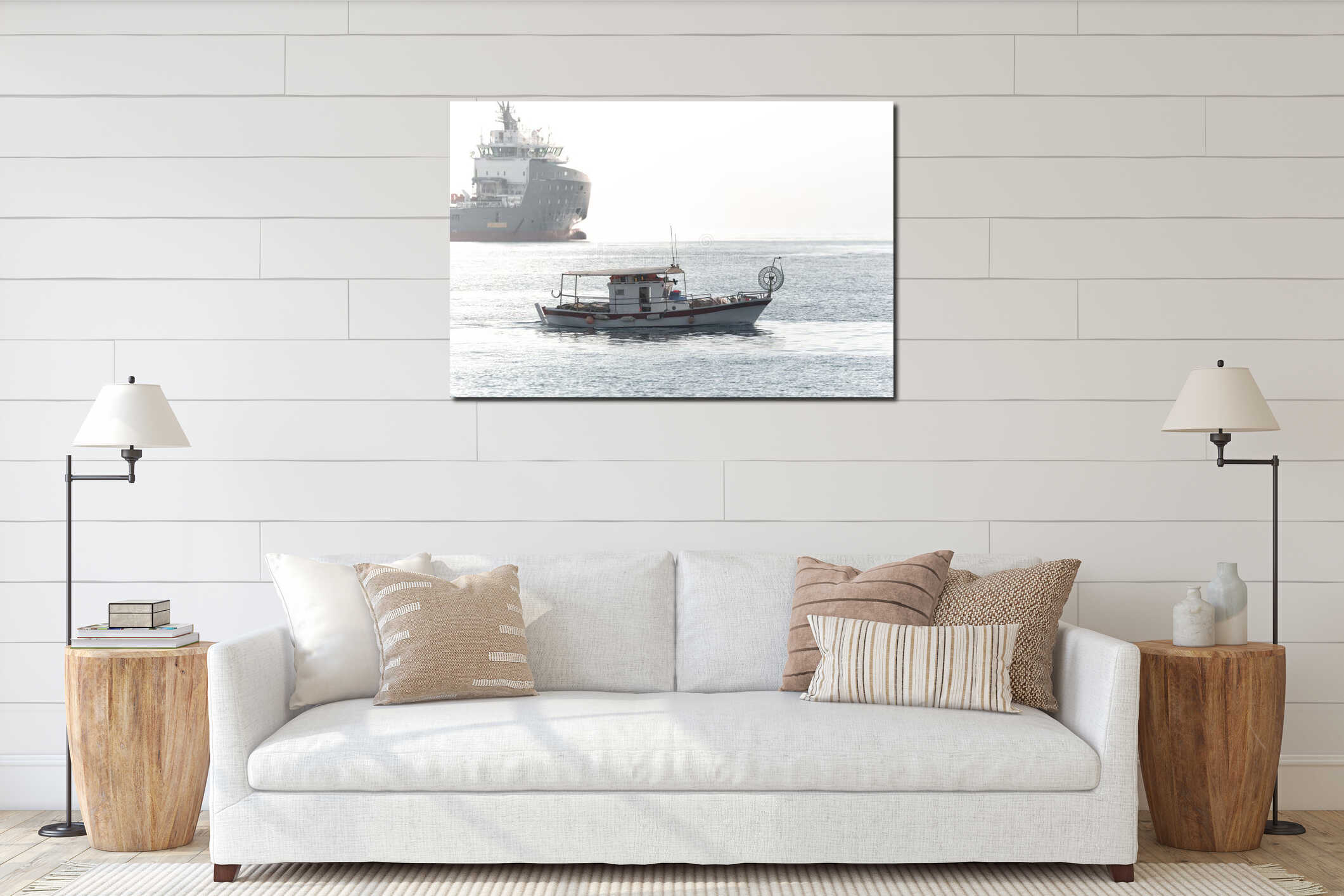 Small traditional Cypriot fishing boat sailing near a large industrial ship at sea at Akrotiri Bay, Cyprus interior mockup