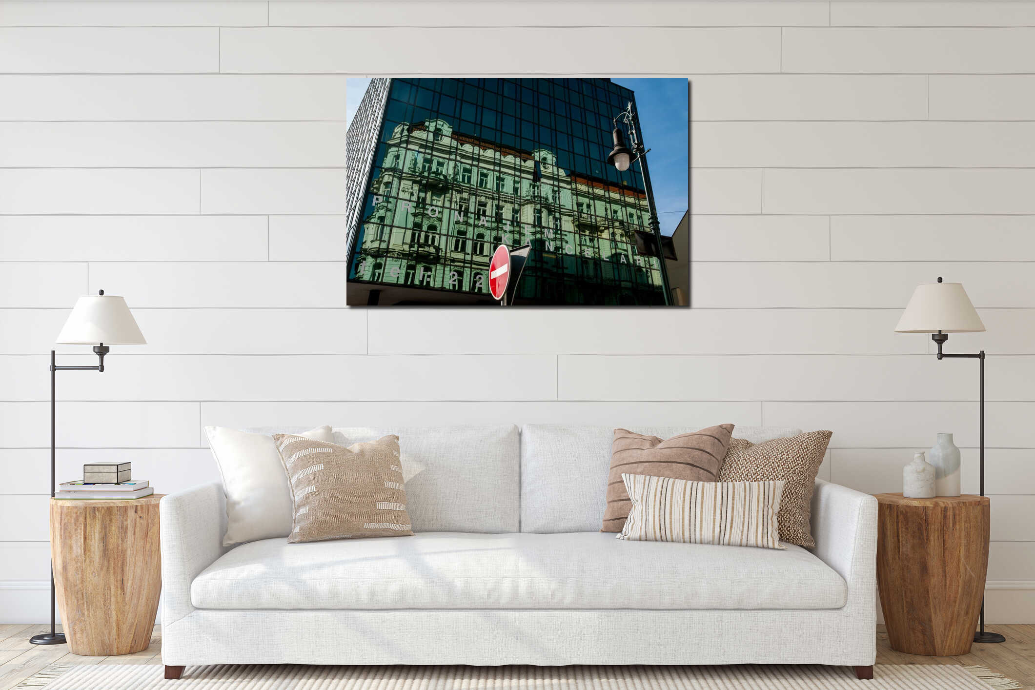 A historic building is reflected in a modern glass facade, abstraction old and new interior mockup