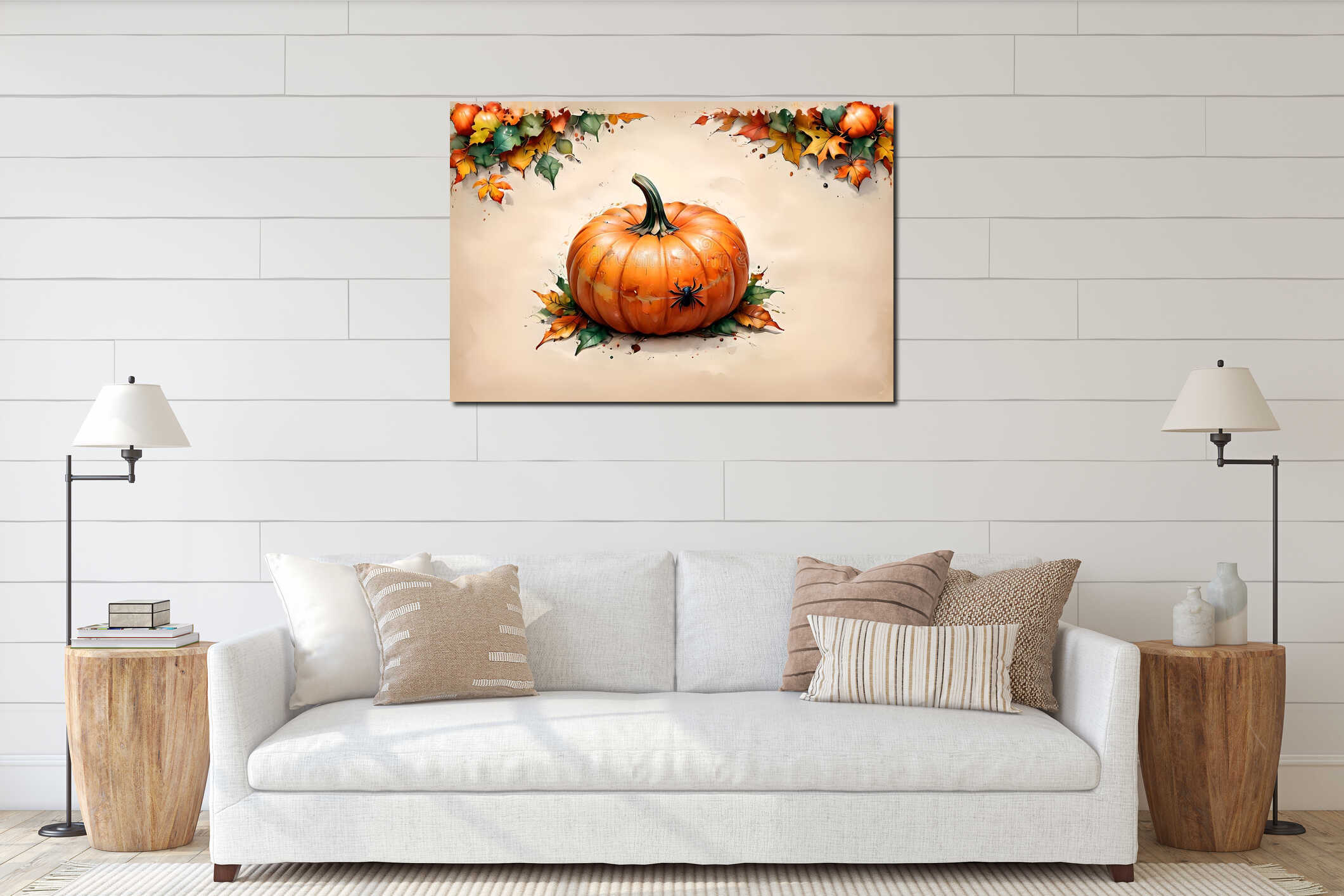 Halloween card, scarecrow in orange tracksuit with pumpkin interior mockup