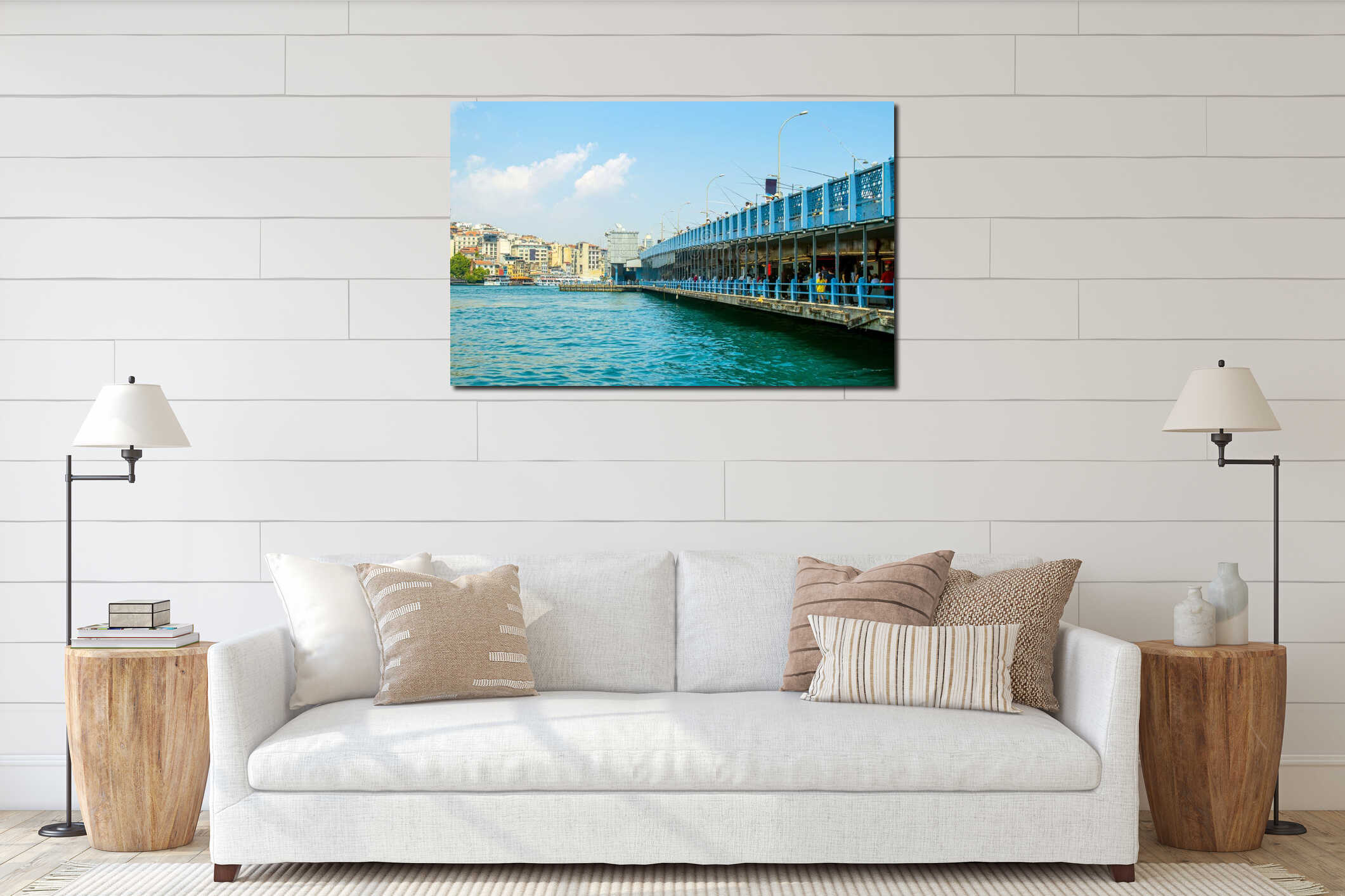View of golden horn, historical Karakoy bridge, anglers, busy people and istanbul city interior mockup