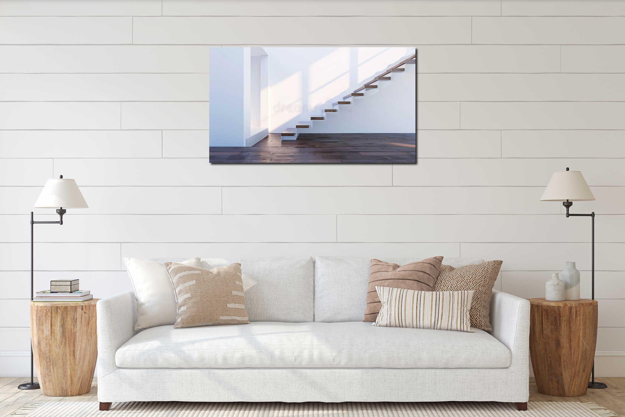 Minimalist staircase in a modern interior with sunlight streaming through a doorway. Wooden steps contrast with white interior mockup