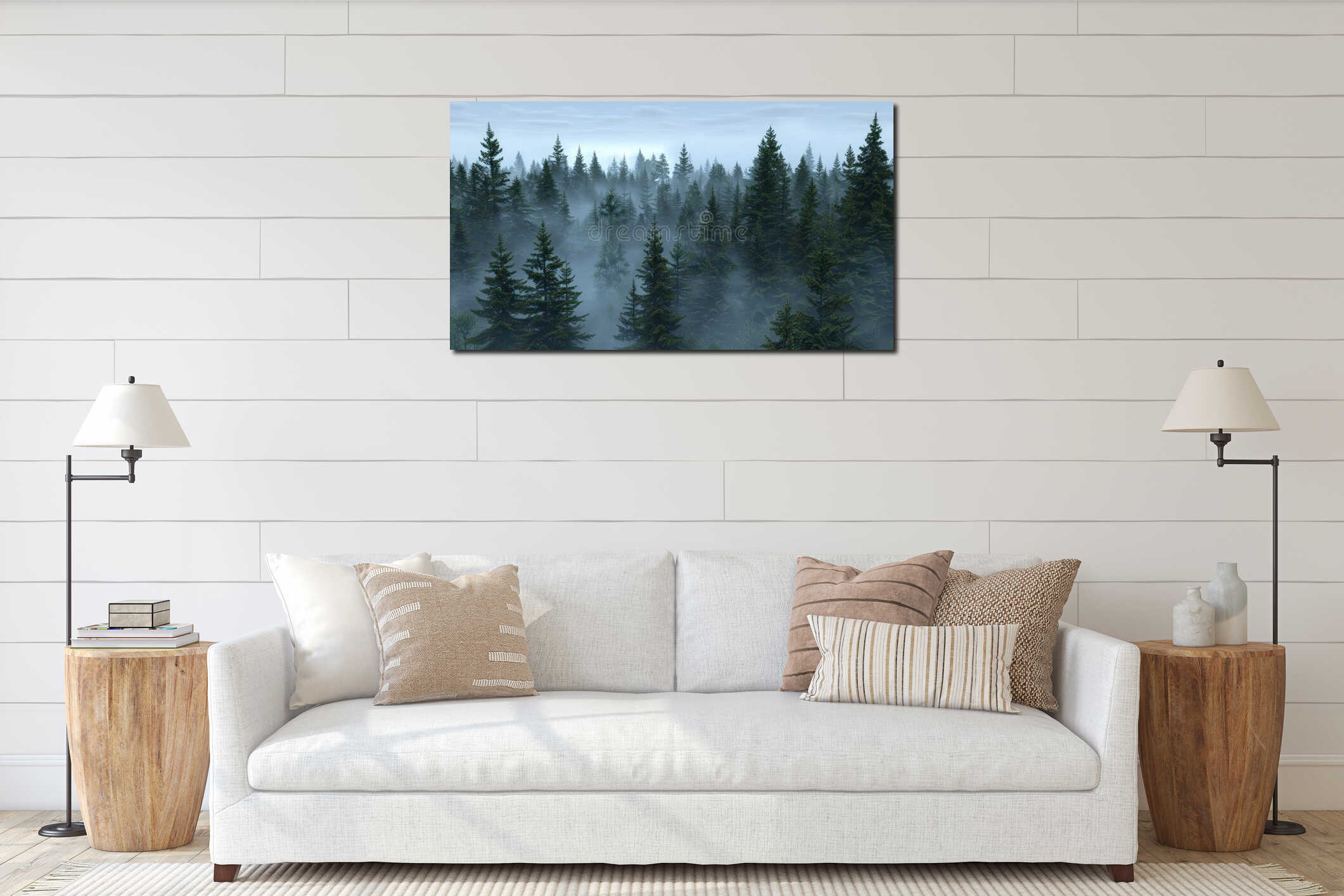 a dense forest with a misty atmosphere, showcasing tall trees in a mountainous landscape with green conifer and pine interior mockup