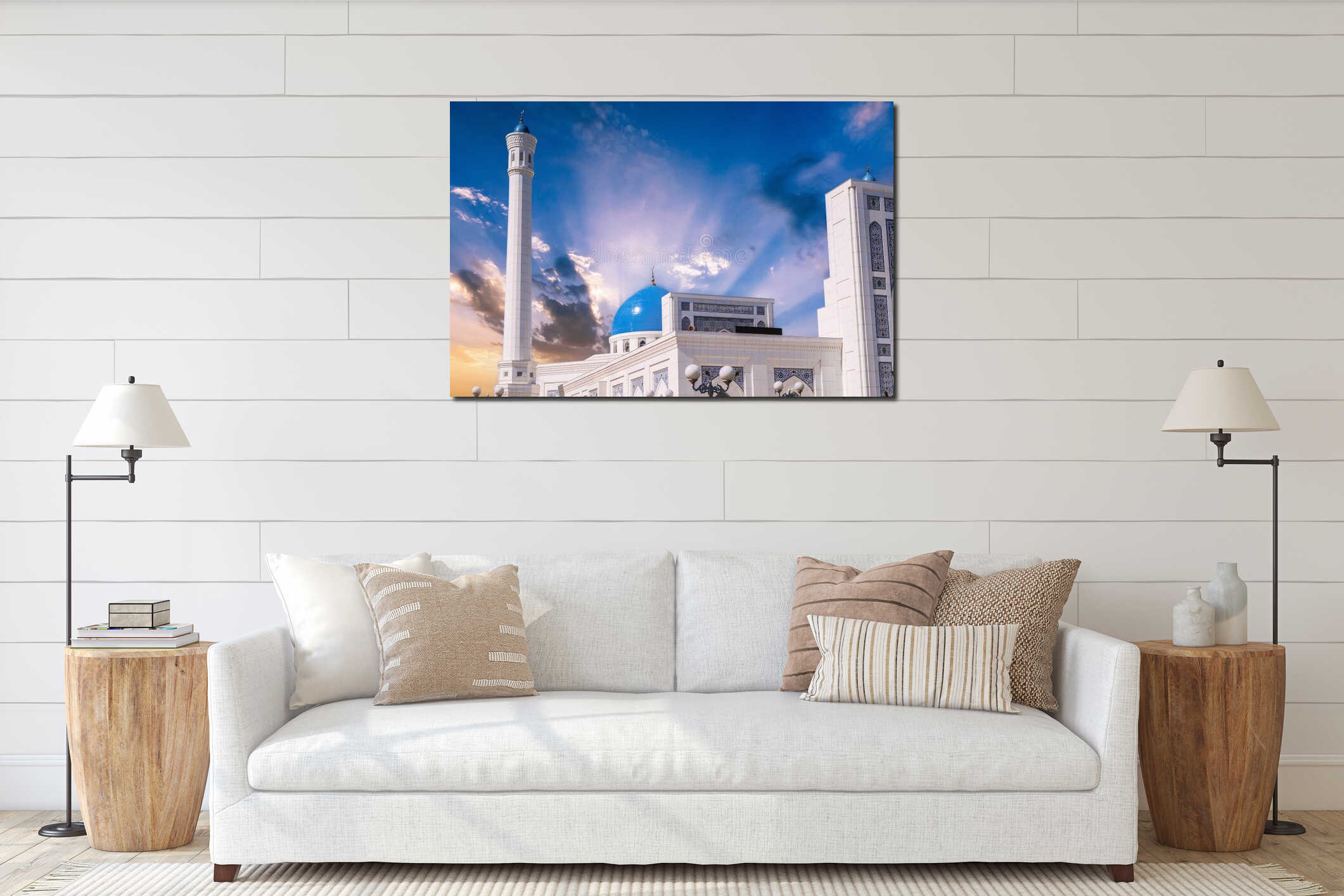 white minaret and blue dome of marble Islamic Masjid Minor Mosque in Tashkent in Uzbekistan on background of sunrise sky interior mockup