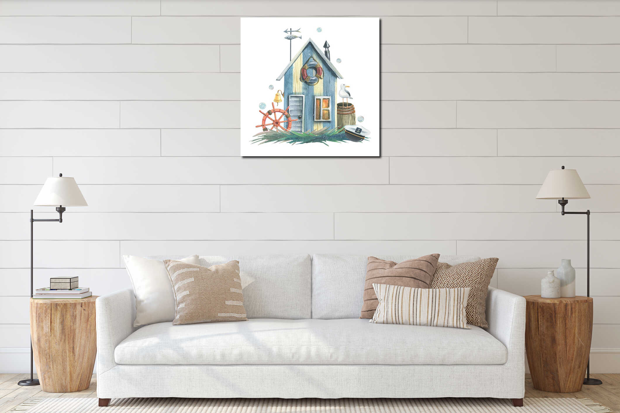 The fisherman's cabin is blue with a steering wheel, a barrel and a seagull with bubbles. Hand drawn watercolor interior mockup