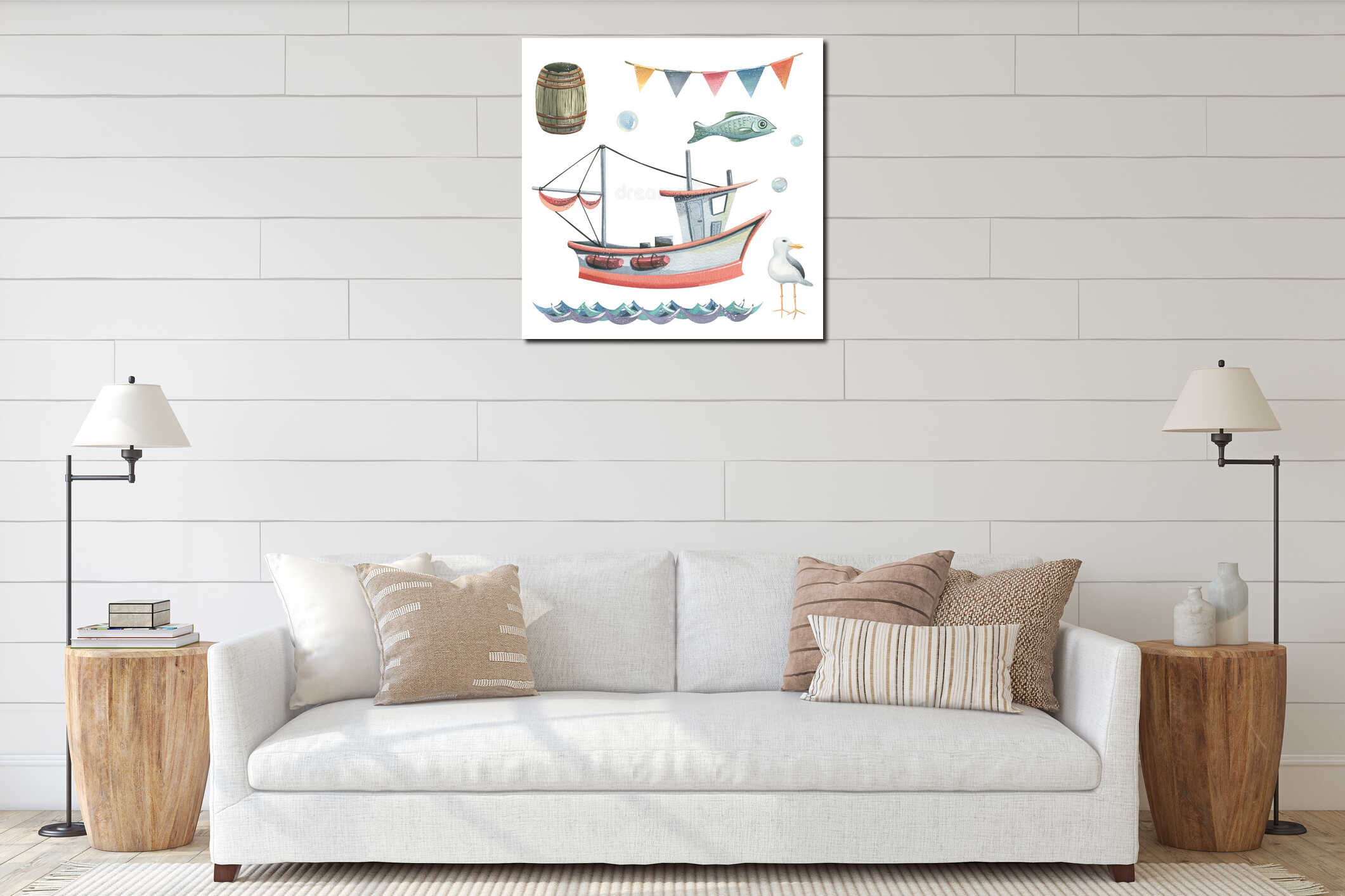 Fishing boat with a mast, a wooden barrel, a fish, flags, waves, a seagull and bubbles. Hand drawn watercolor interior mockup
