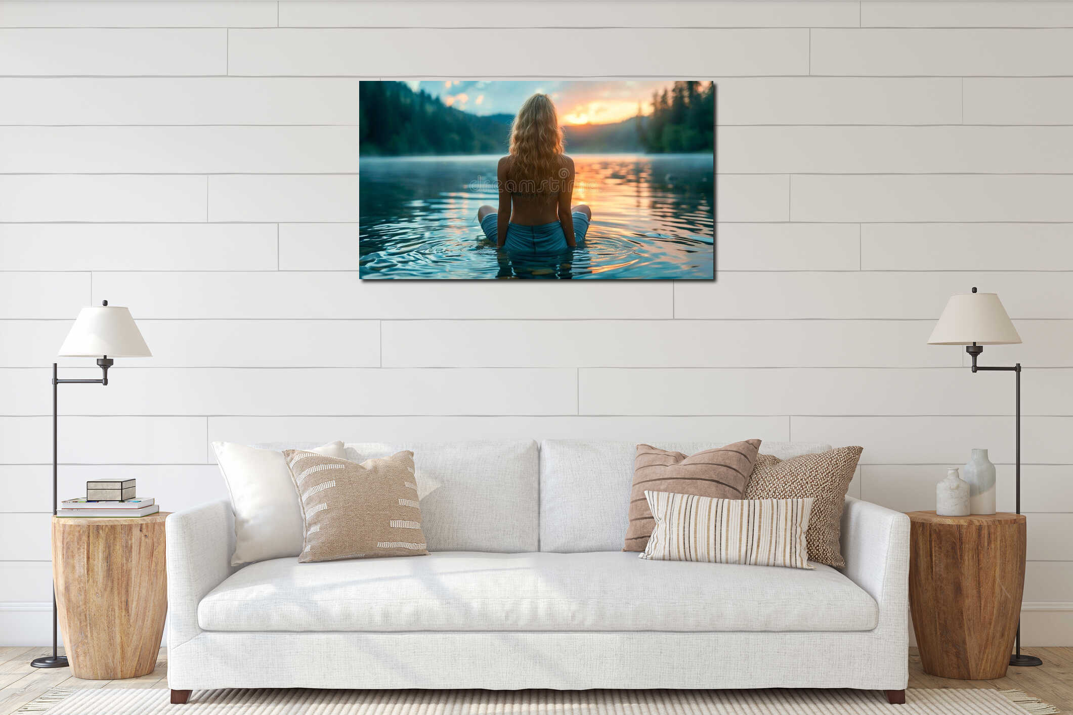 Back view of a woman meditating near a lake at sunrise. Silhouette of a man sitting along a lake at sunset interior mockup