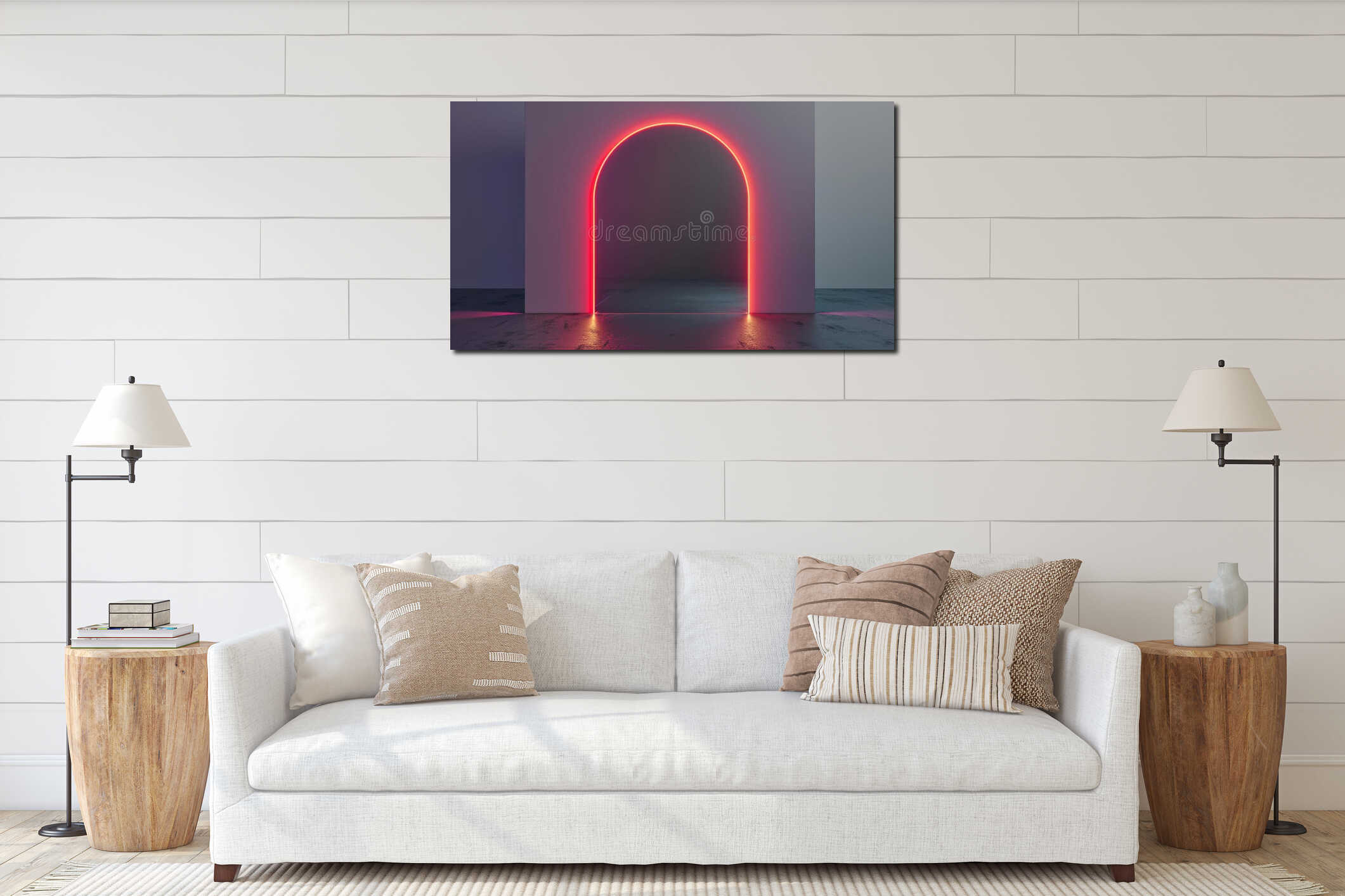 Neon-lit arched doorway in dark minimalist setting. Modern design and conceptual art interior mockup