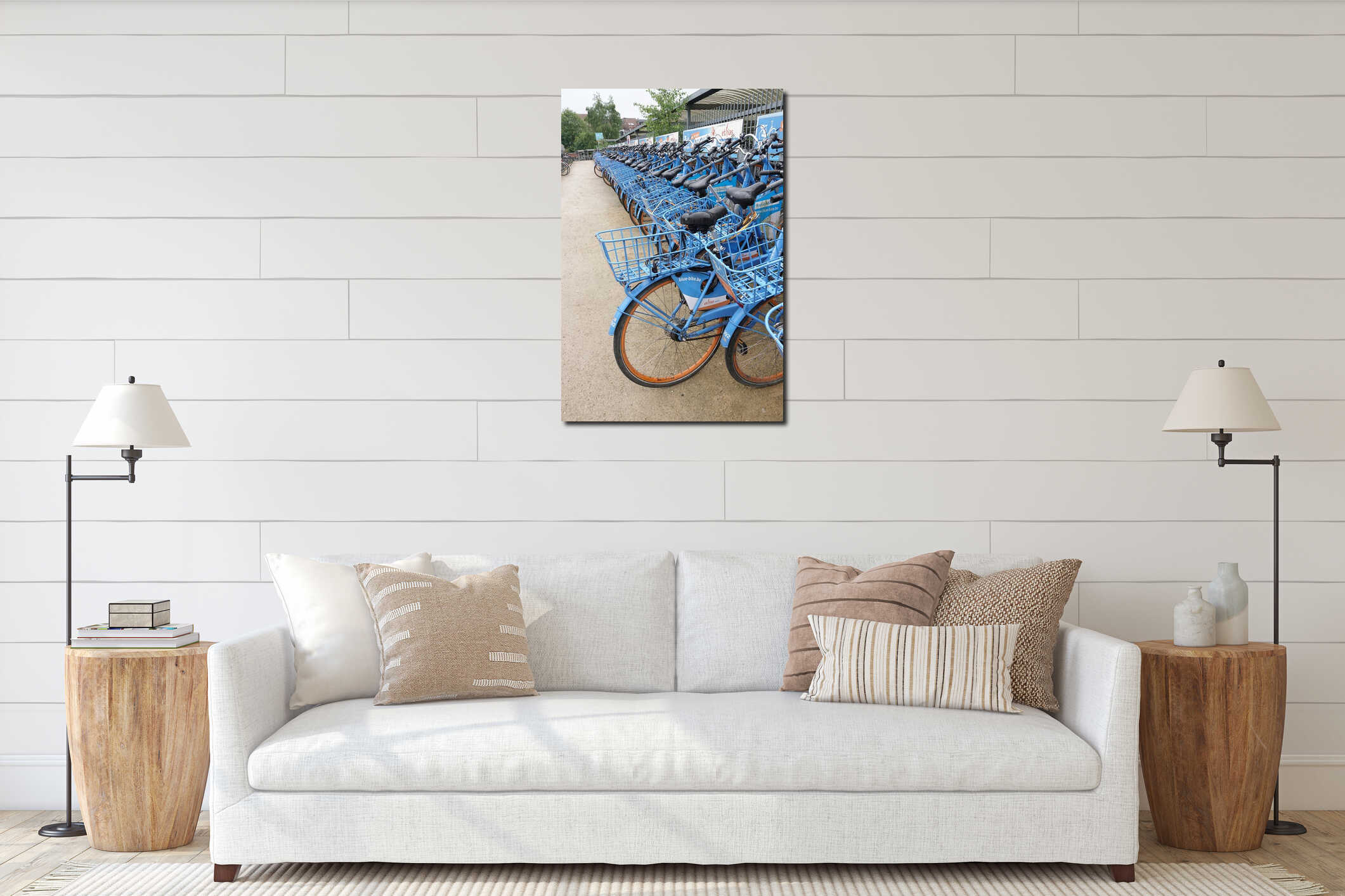 Vertical wide angle view on row of parked ethias blue bikes at the public parking lot, Gent interior mockup