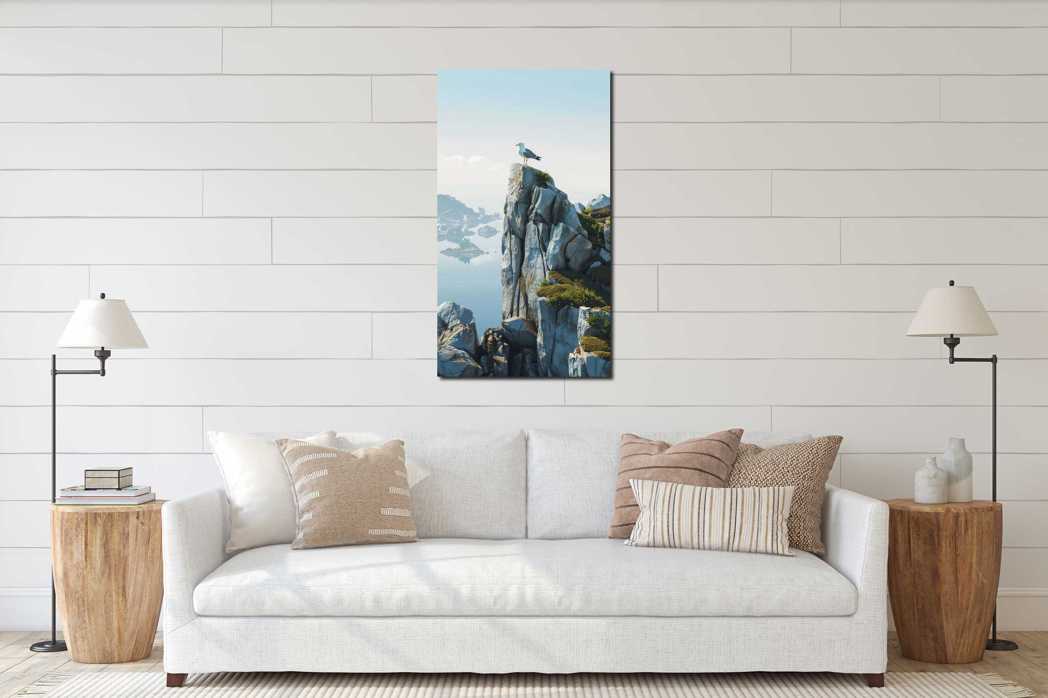 Seagull perched on rocky cliff overlooking calm sea interior mockup