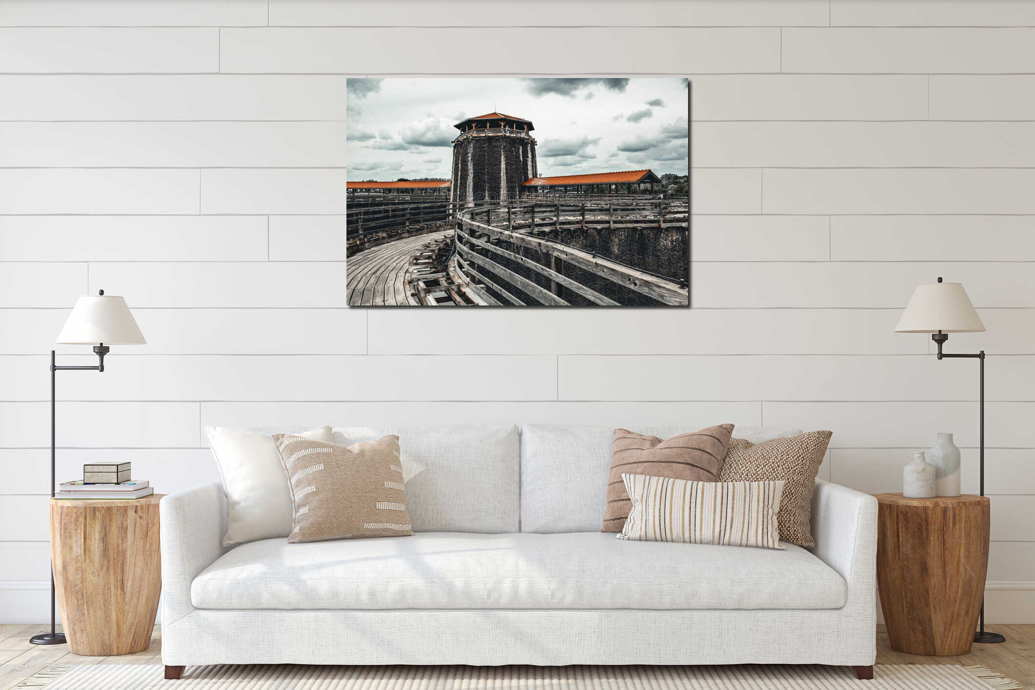 Historic salt tower with a wooden observation deck and a covered walkway in Wieliczka interior mockup