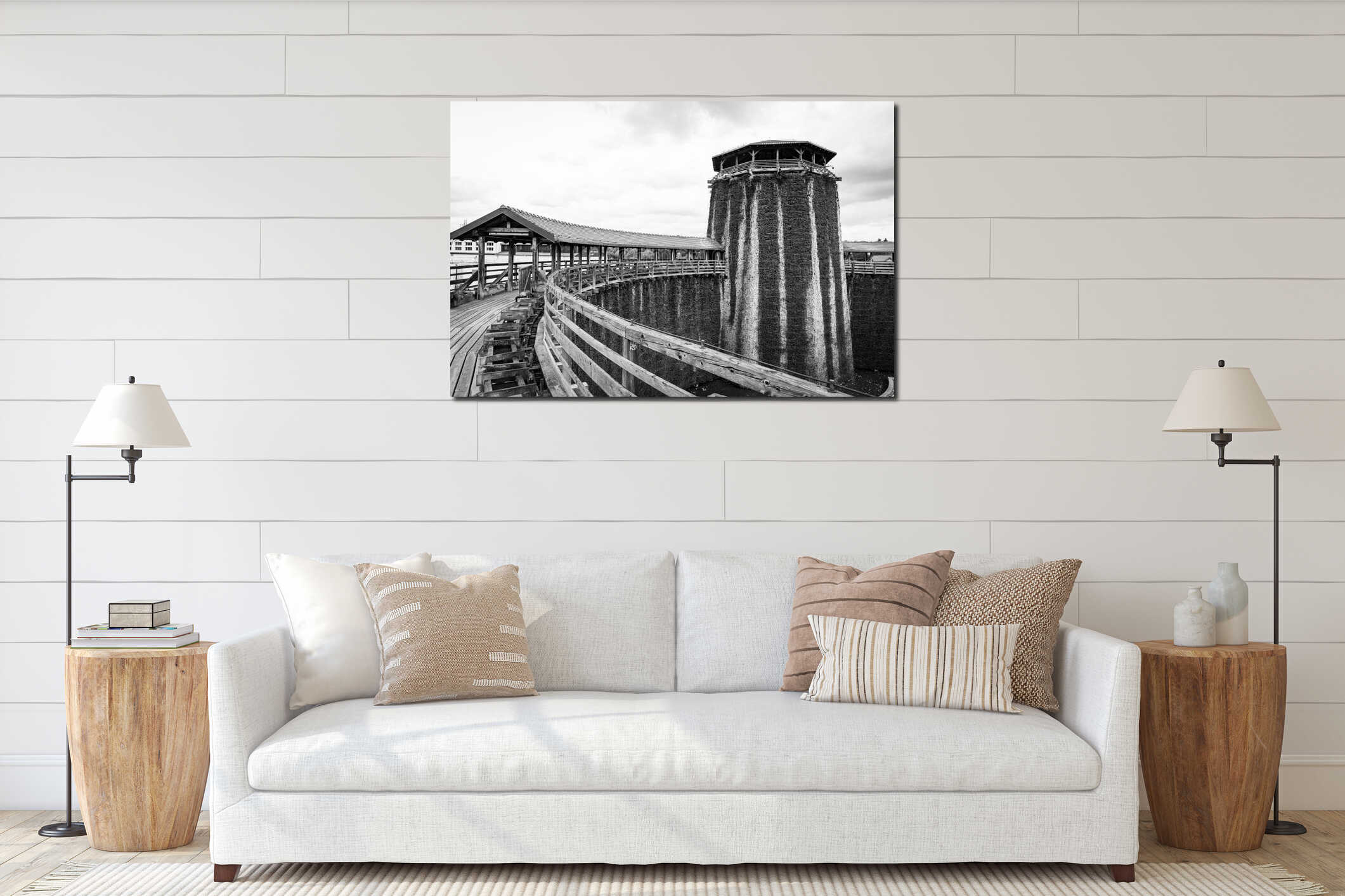 Historic salt tower with a wooden observation deck and a covered walkway in Wieliczka interior mockup
