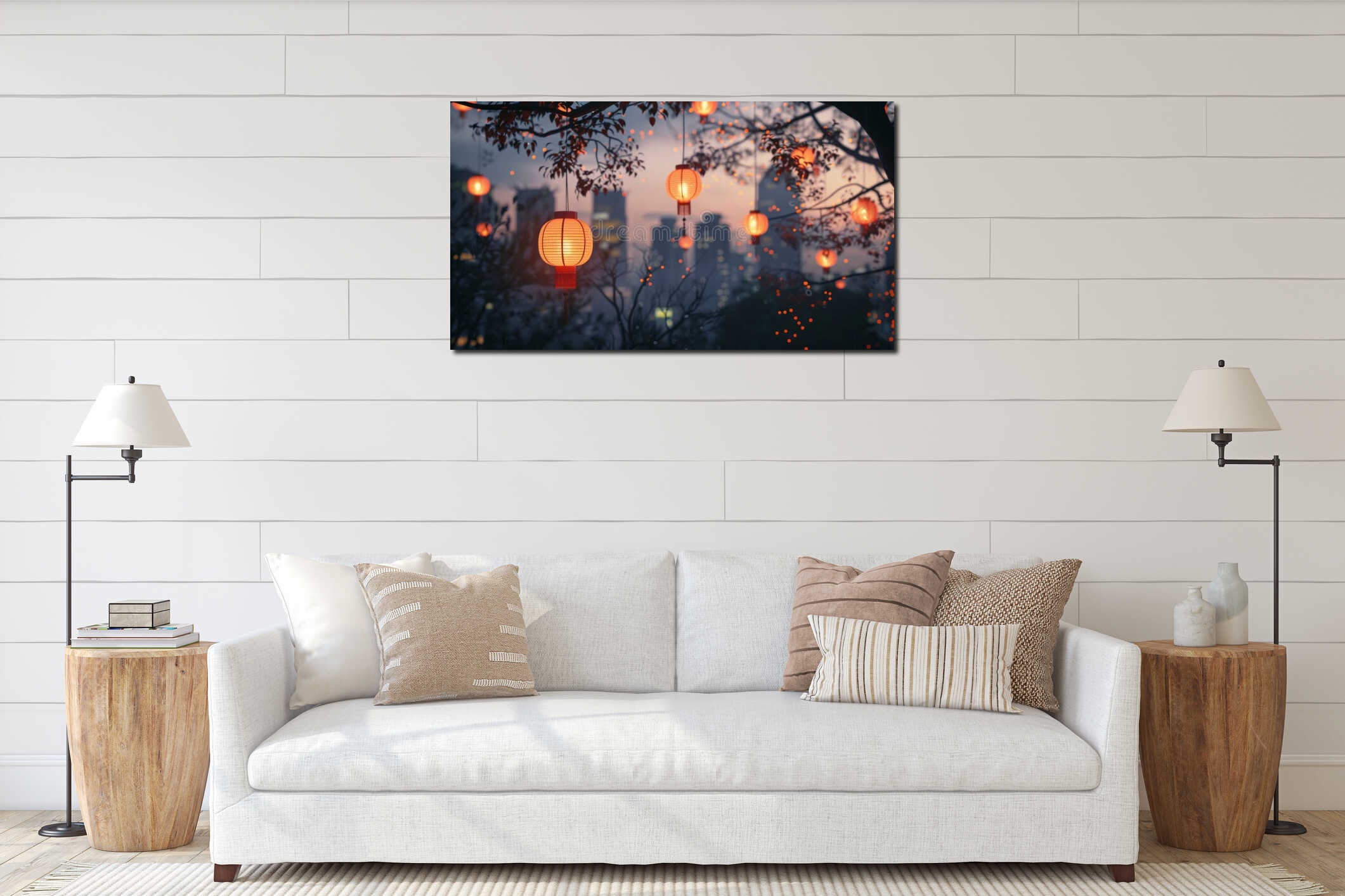 Chinese lanterns hanging on tree branches in the evening, city background. Cultural celebration and serene atmosphere interior mockup