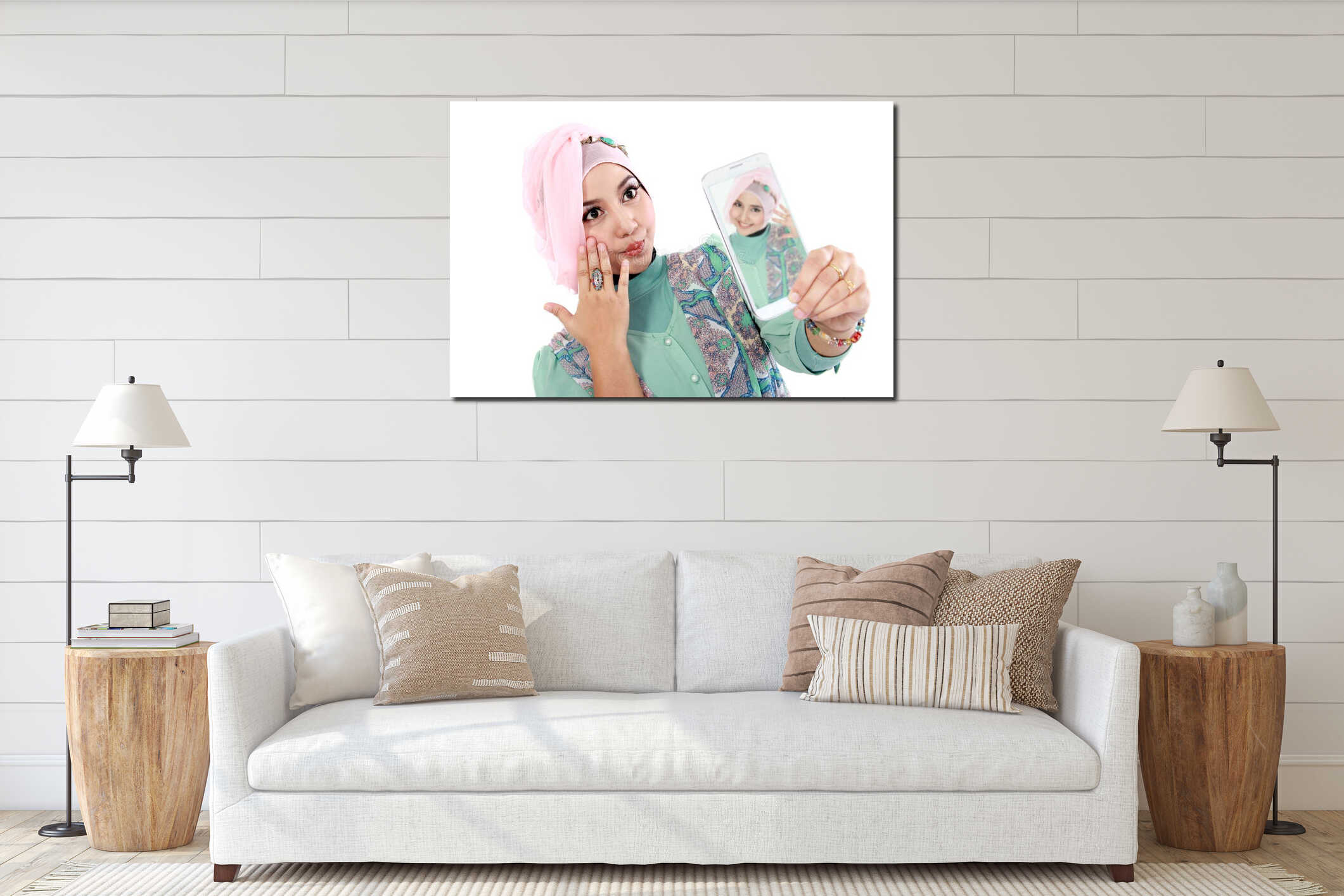 Happy young muslim woman take self portrait interior mockup