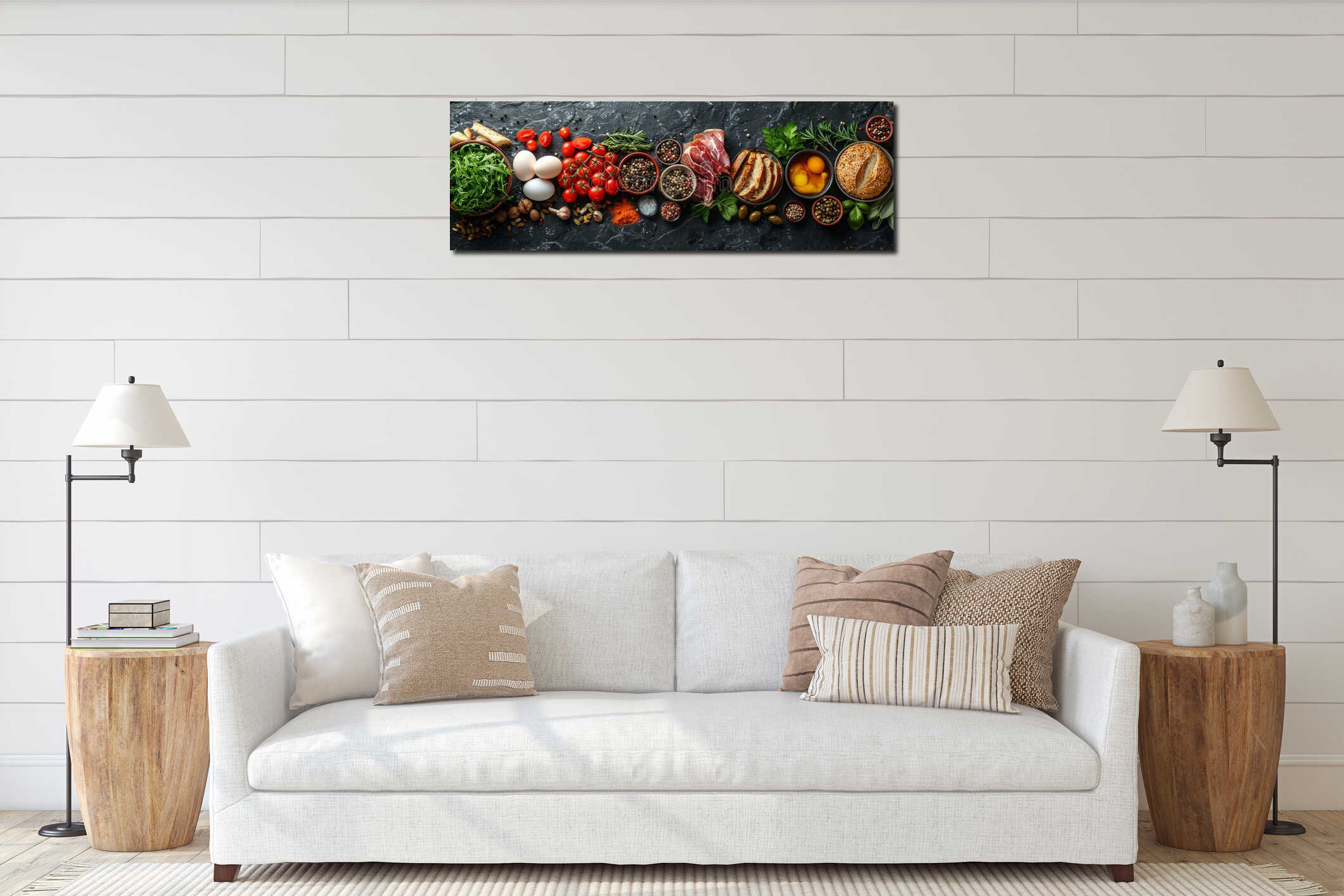 Fresh Mediterranean ingredients bread, veggies, herbs, grains, captured from above interior mockup
