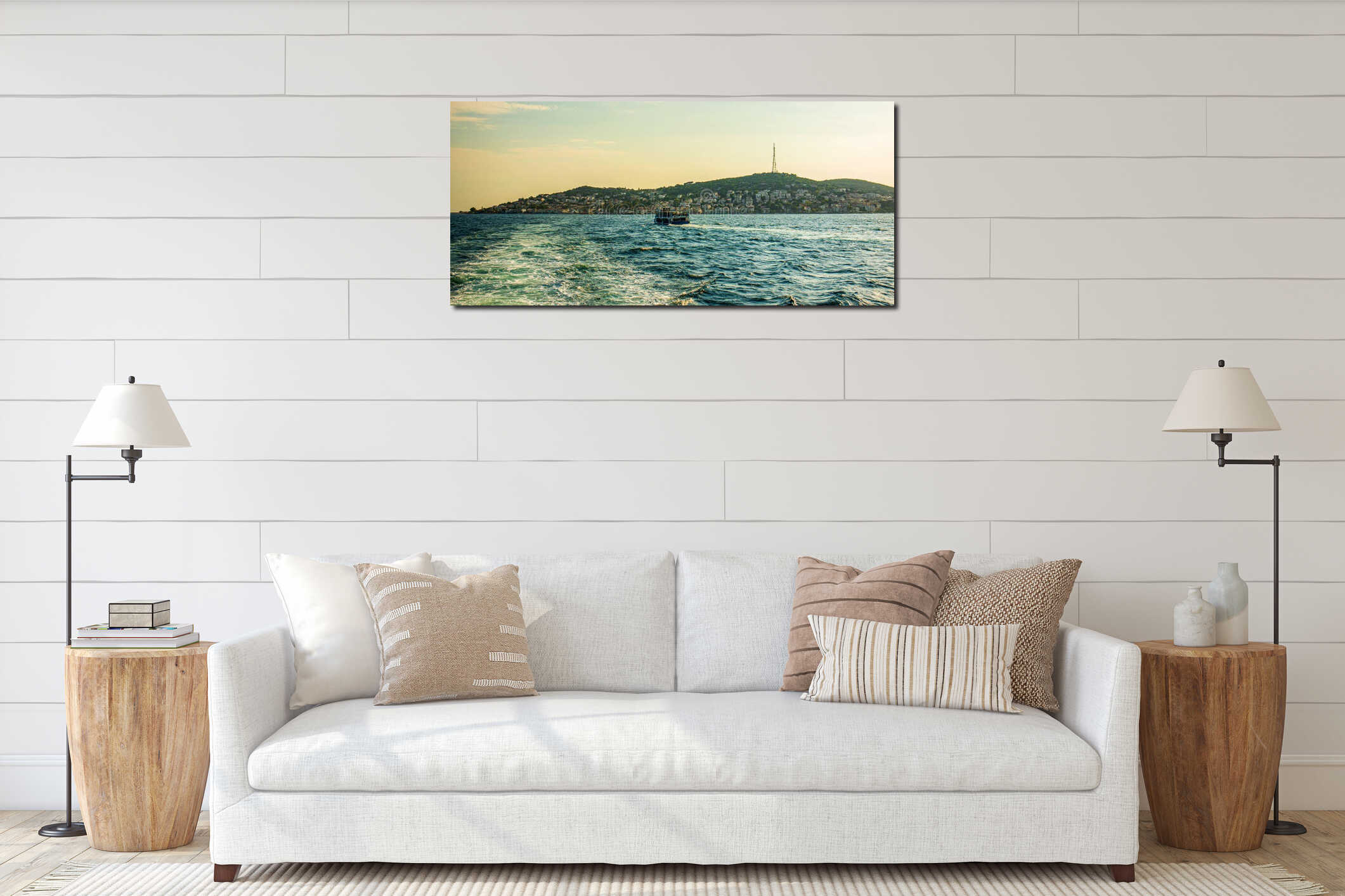 Kinaliada island and floating ship on the marmara sea in the sunset interior mockup