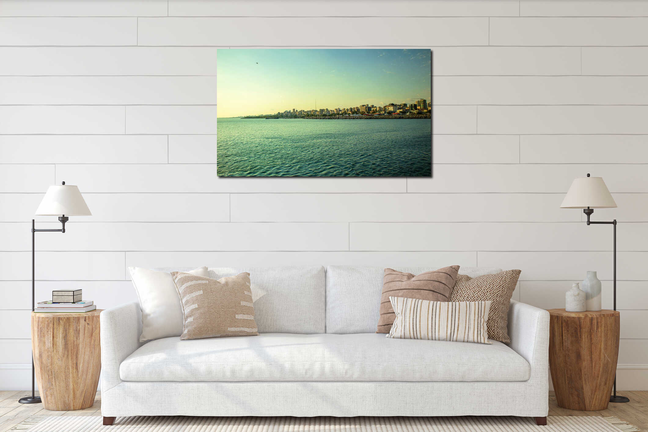 Colorful sea and coastscape in Bostanci, suadiye in the sunset interior mockup