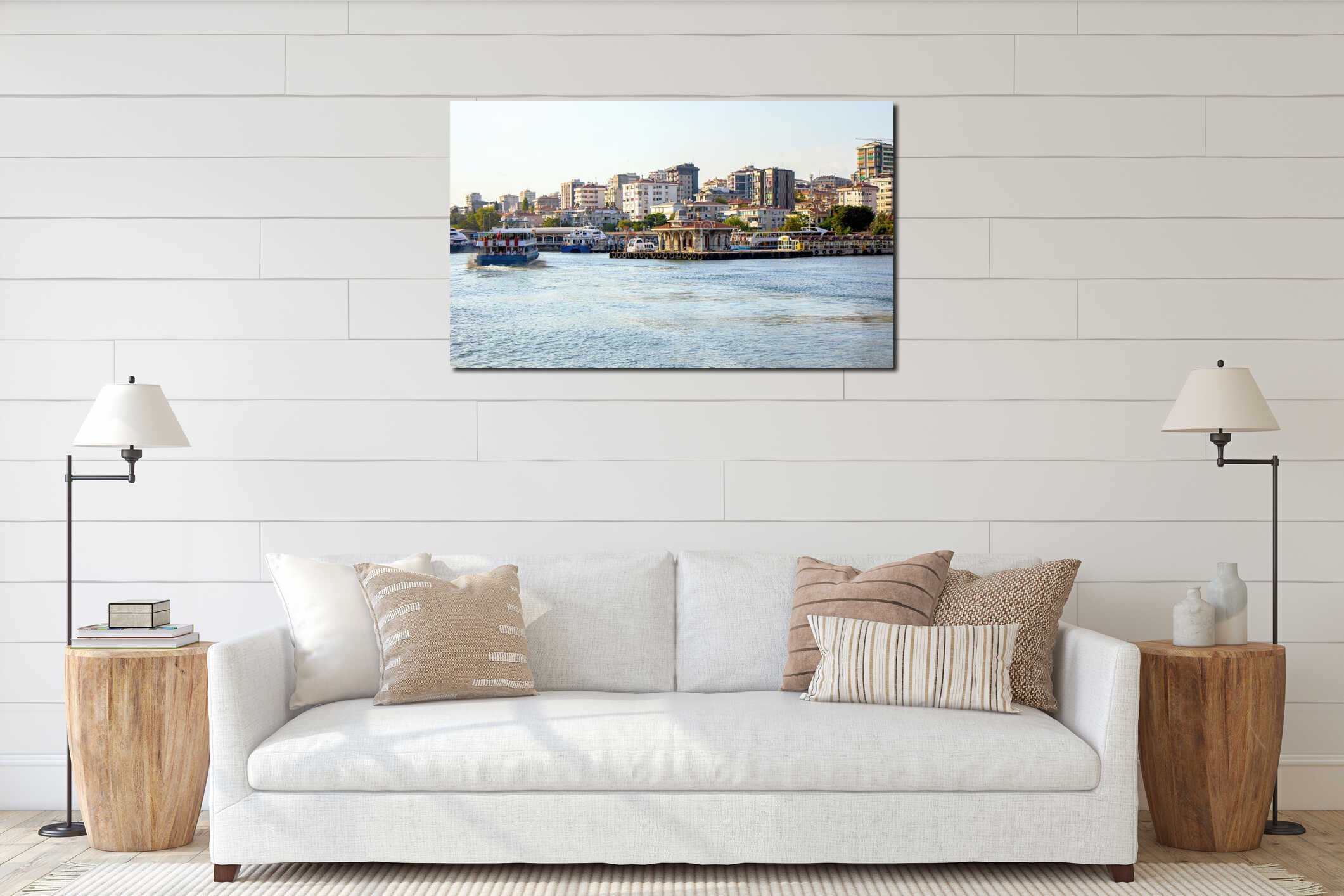 Bostanci cityline pier and approaching ship, cityscape in the background interior mockup