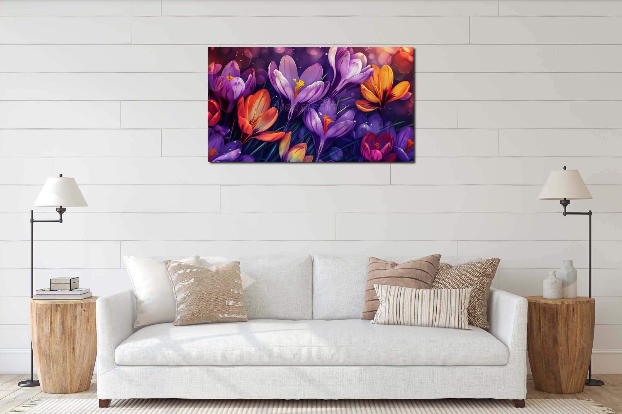 View the vibrant beauty of spring as crocus flowers bloom against a colorful background interior mockup