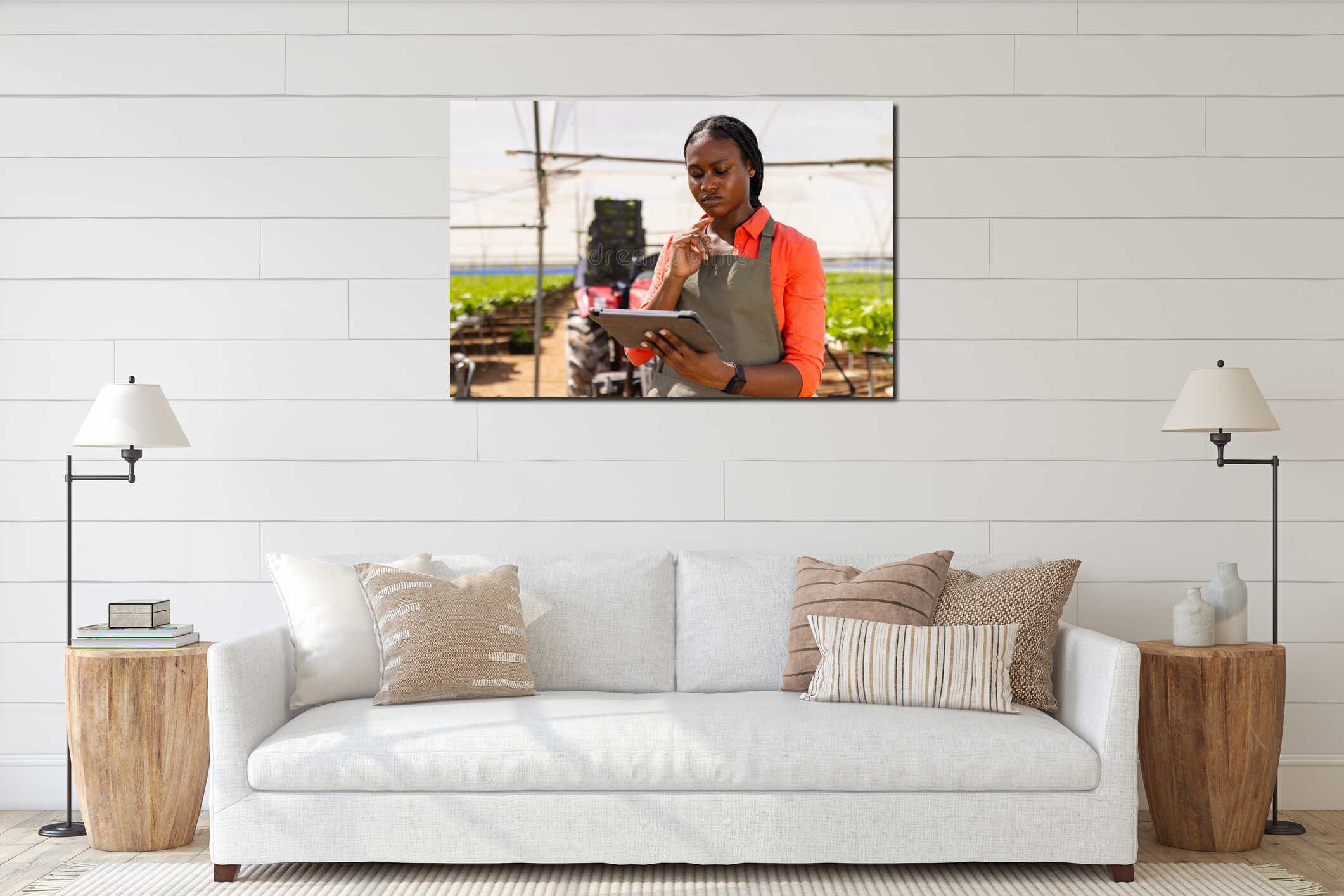 African American female farmer using tablet for managing hydroponic farm operations interior mockup