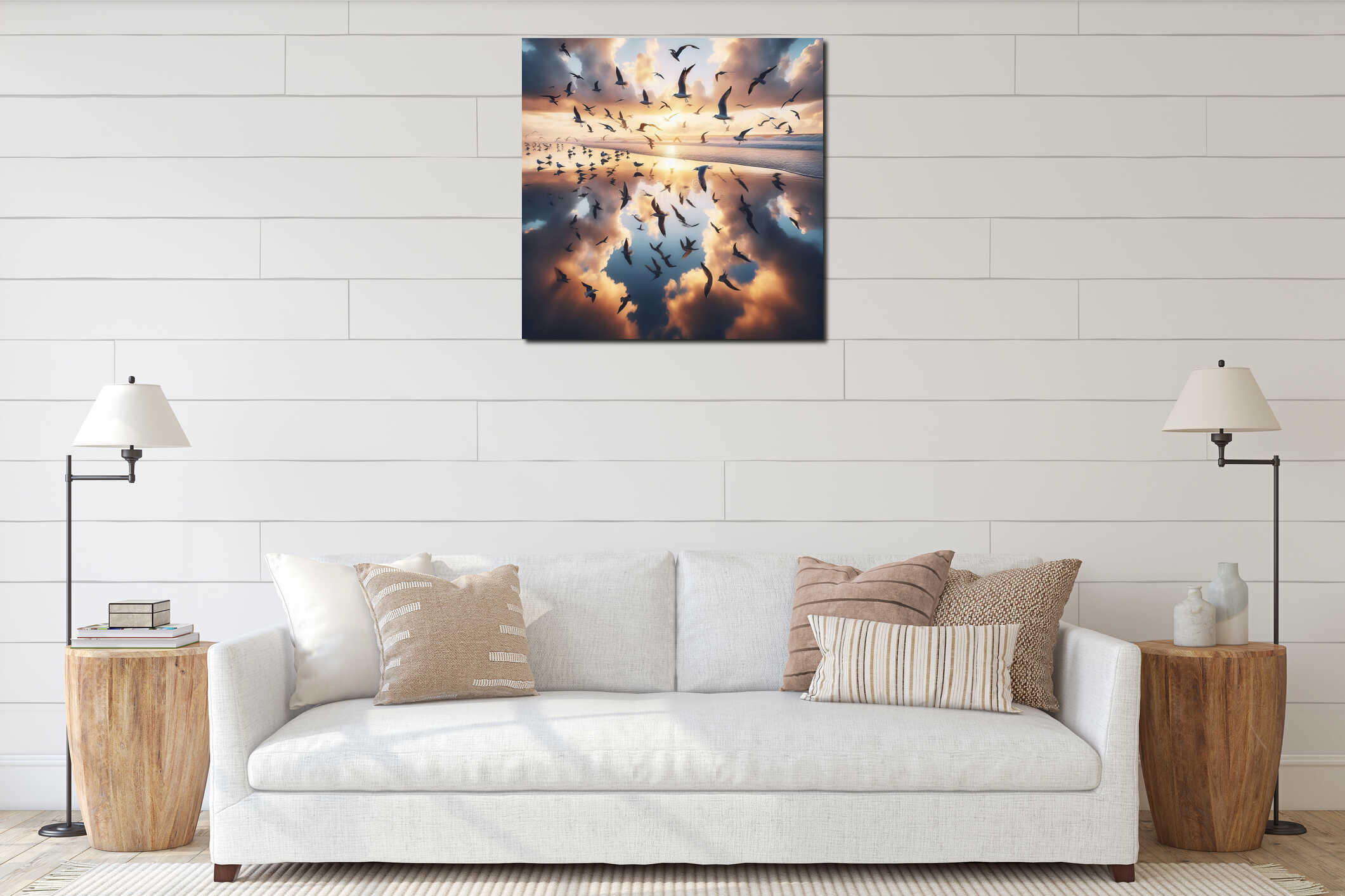 9 44. Water reflection of a flock of seagulls flying over a bea interior mockup