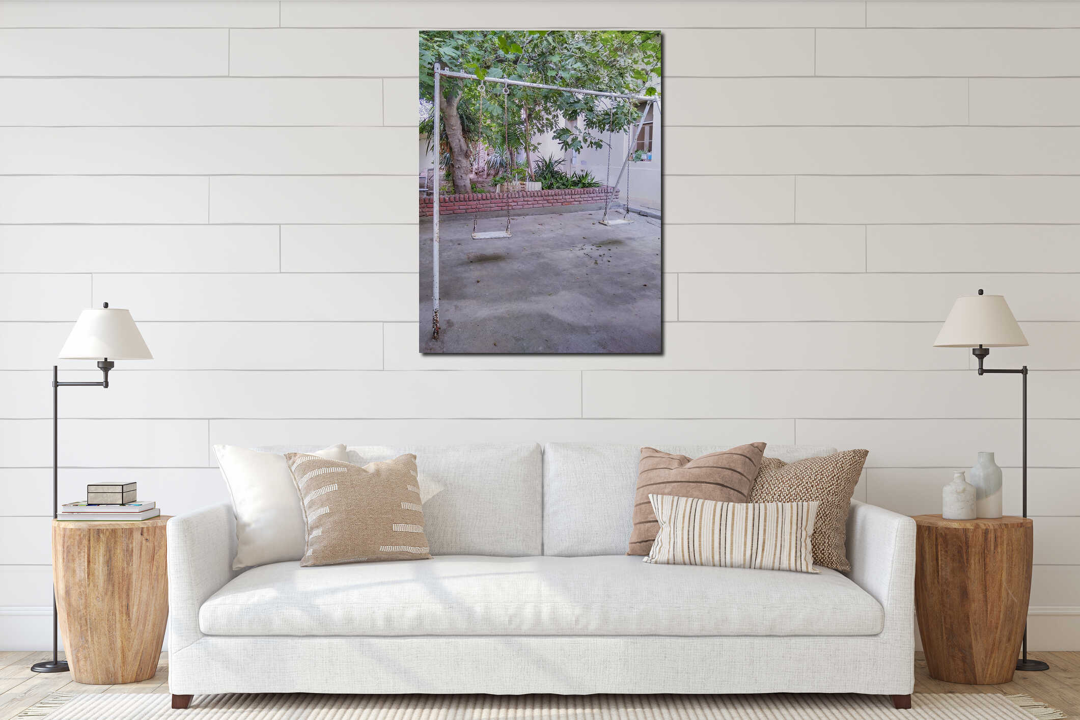 Swing game and grape tree at interior courtyard building, trelew, argentina interior mockup