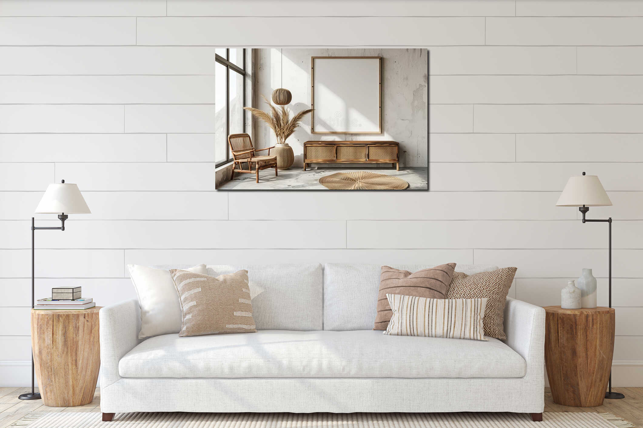 Scandinavian style interior with empty poster frame and natural wicker furniture interior mockup