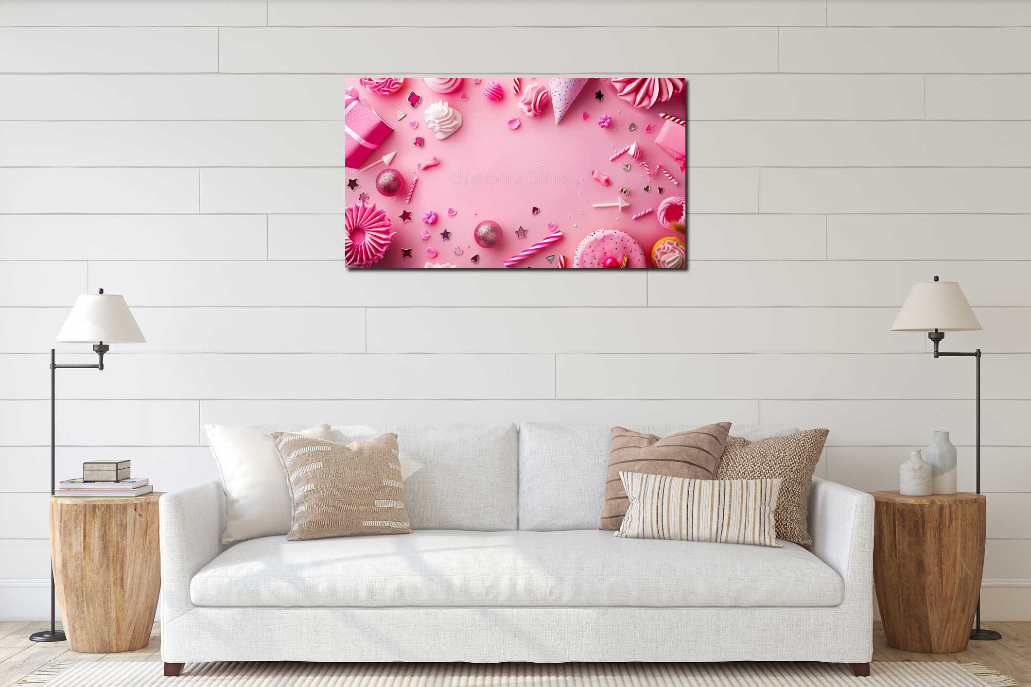 Pink birthday party decorations on a pink background interior mockup