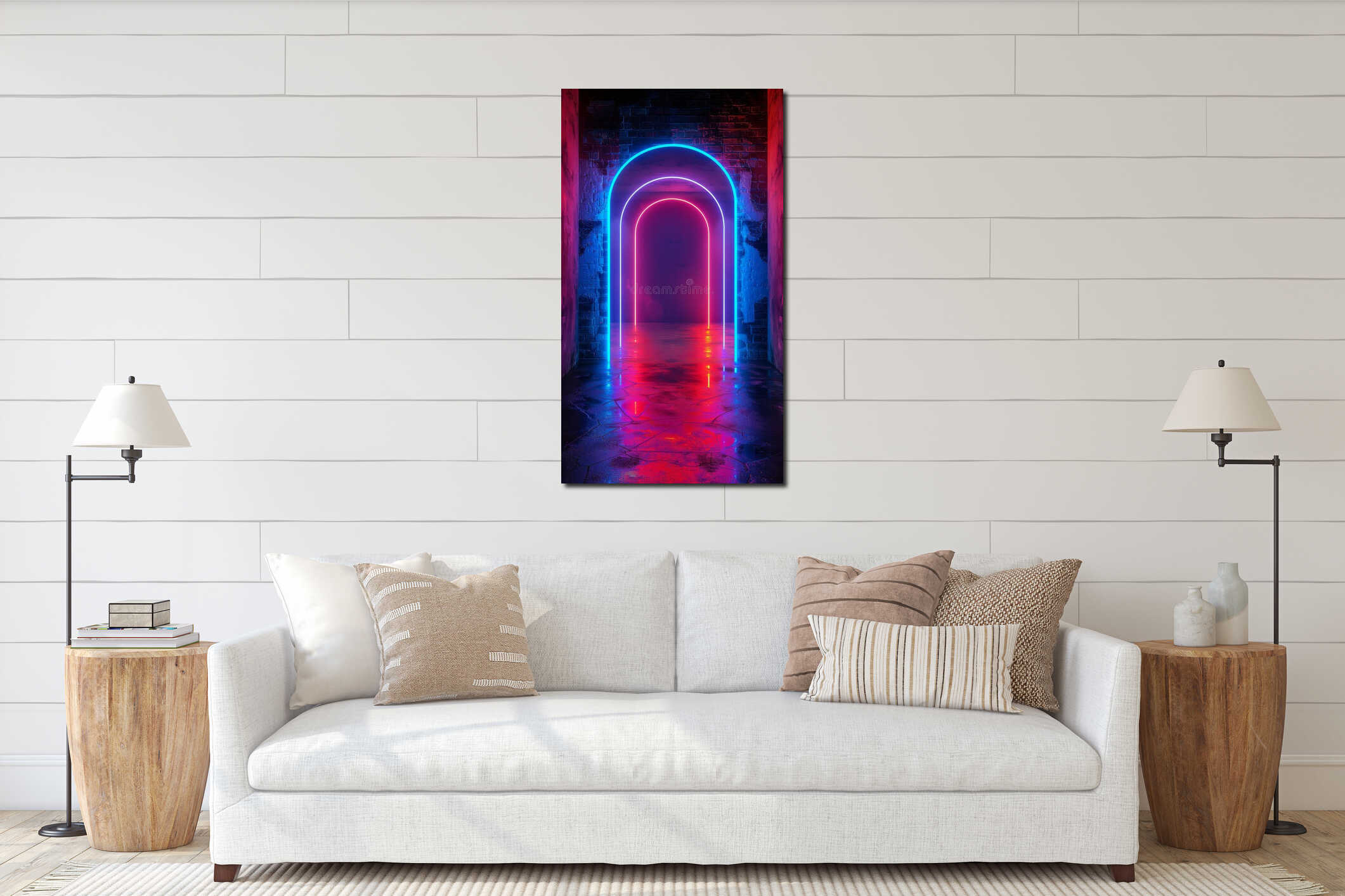 Neon-lit arched passageway with glowing floor and brick walls, futuristic urban concept interior mockup