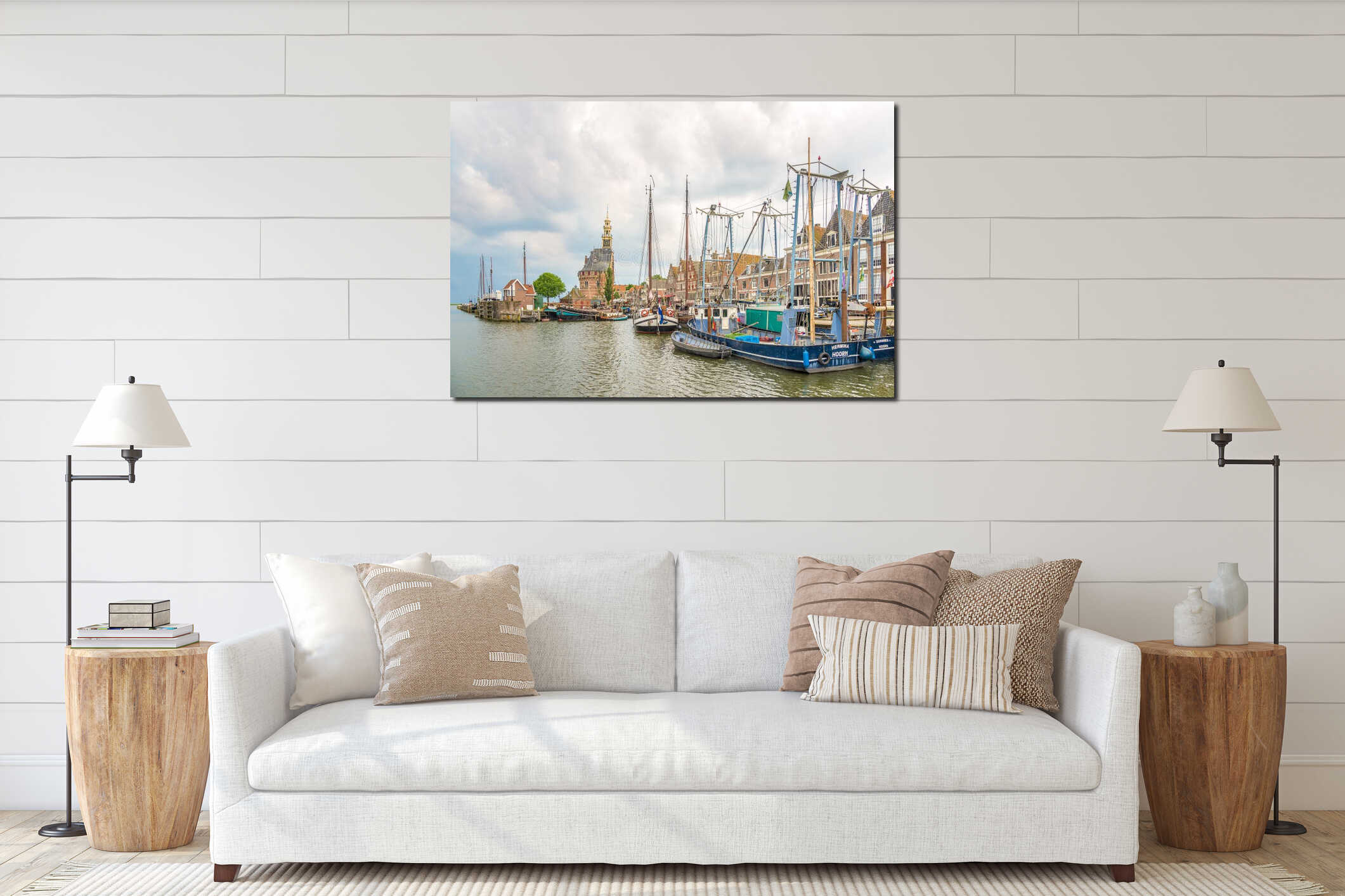 View at the boats in harbour with Hoofdtoren tower in Hoorn - Netherlands interior mockup