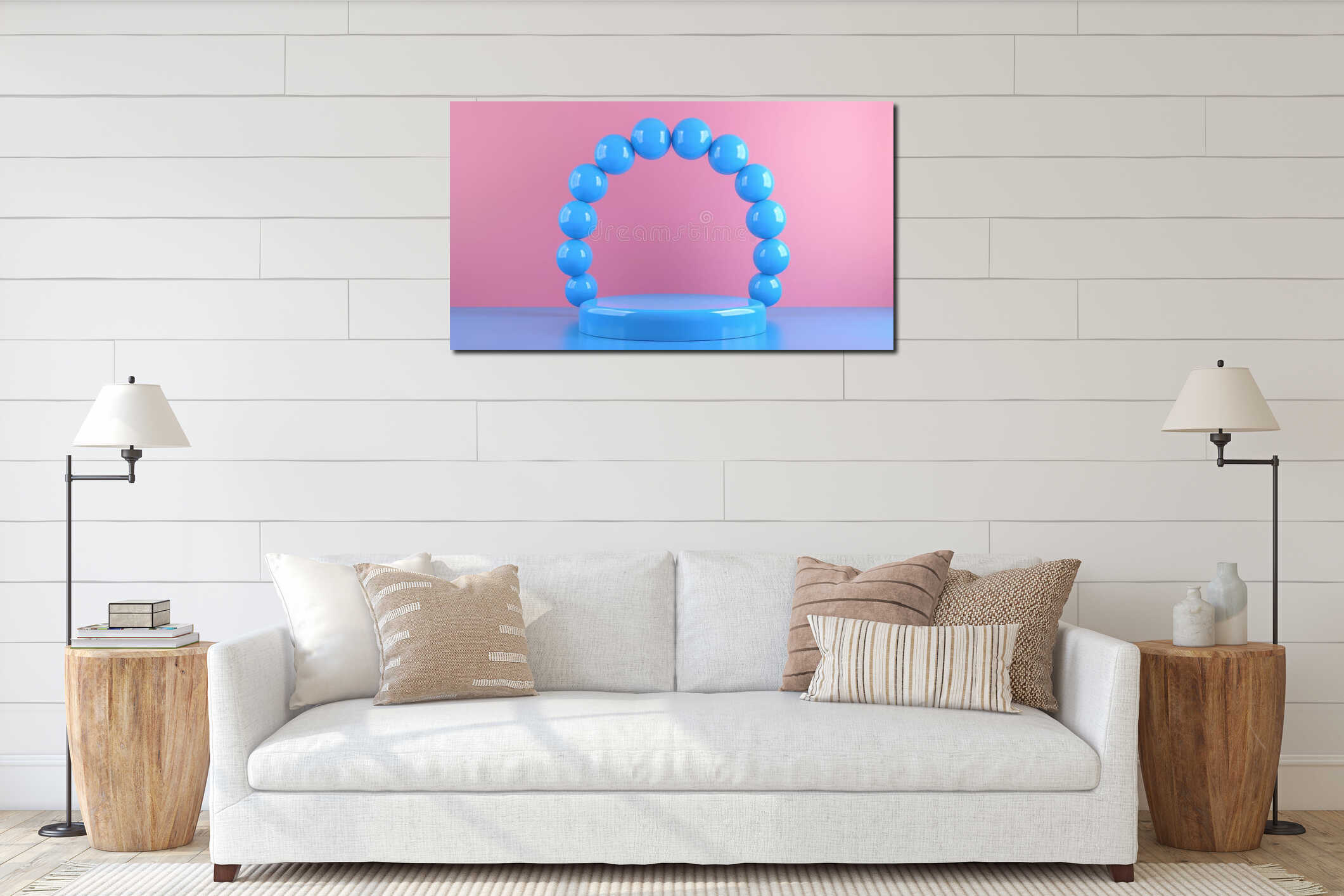 Visually striking abstract blue spheres on pink backdrop, embodying minimalistic art arrangement interior mockup