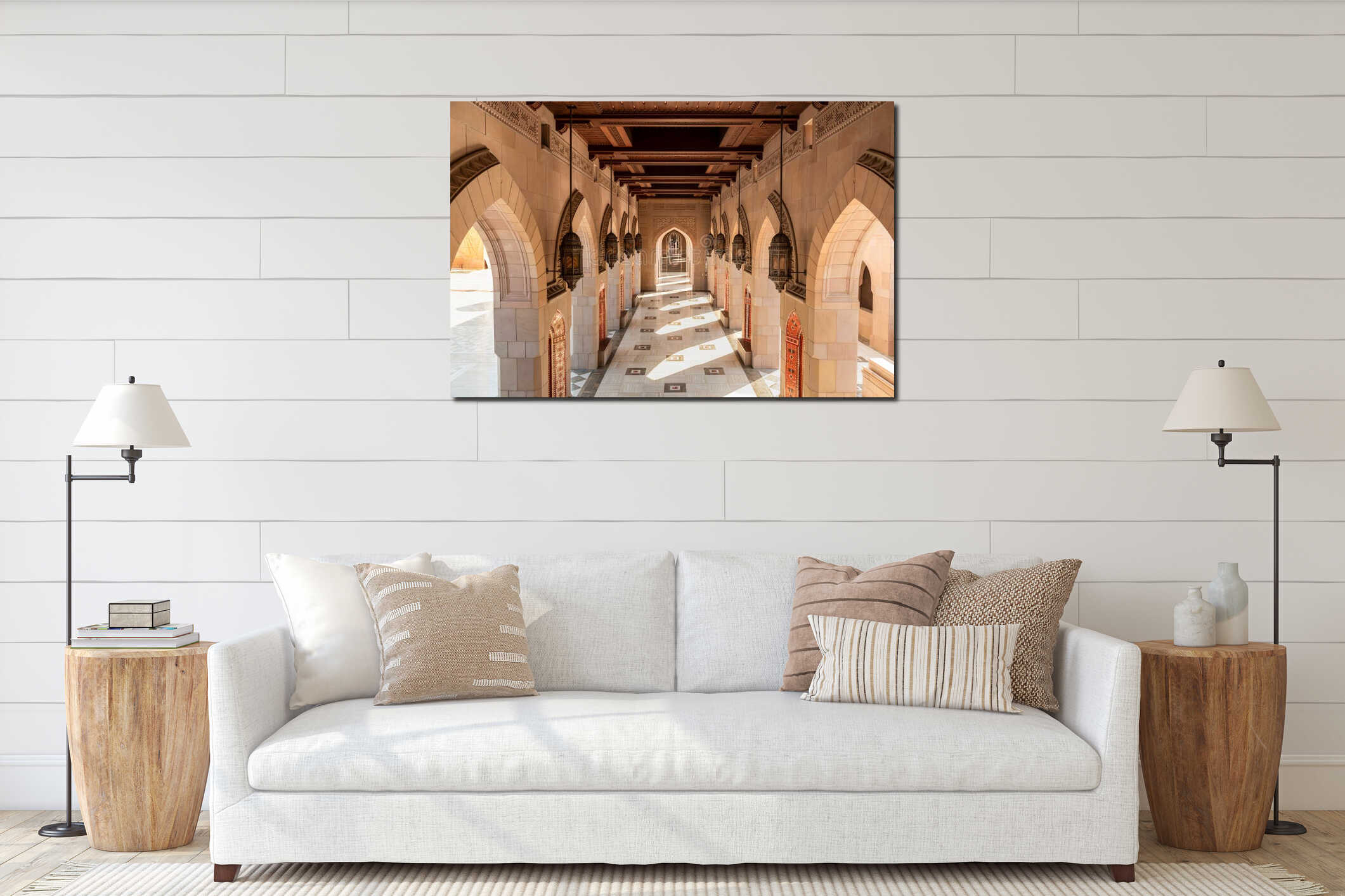 Arched passageway at the Sultan Qaboos Grand Mosque, Muscat, Oman interior mockup