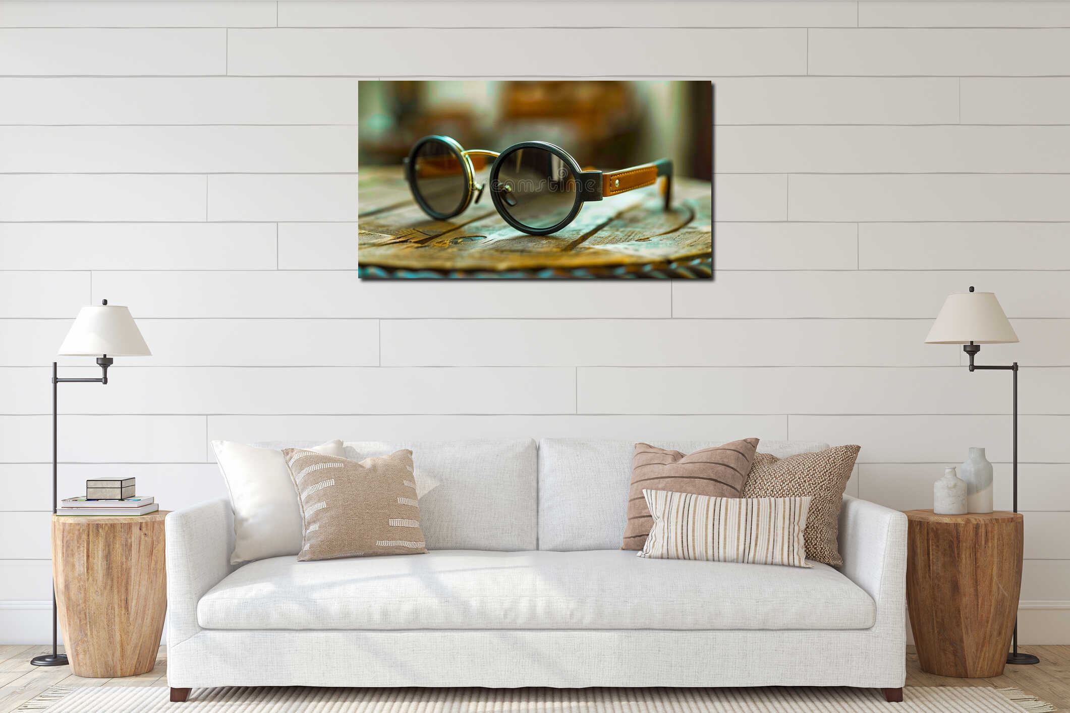 A pair of sunglasses sitting on top of a wooden table interior mockup