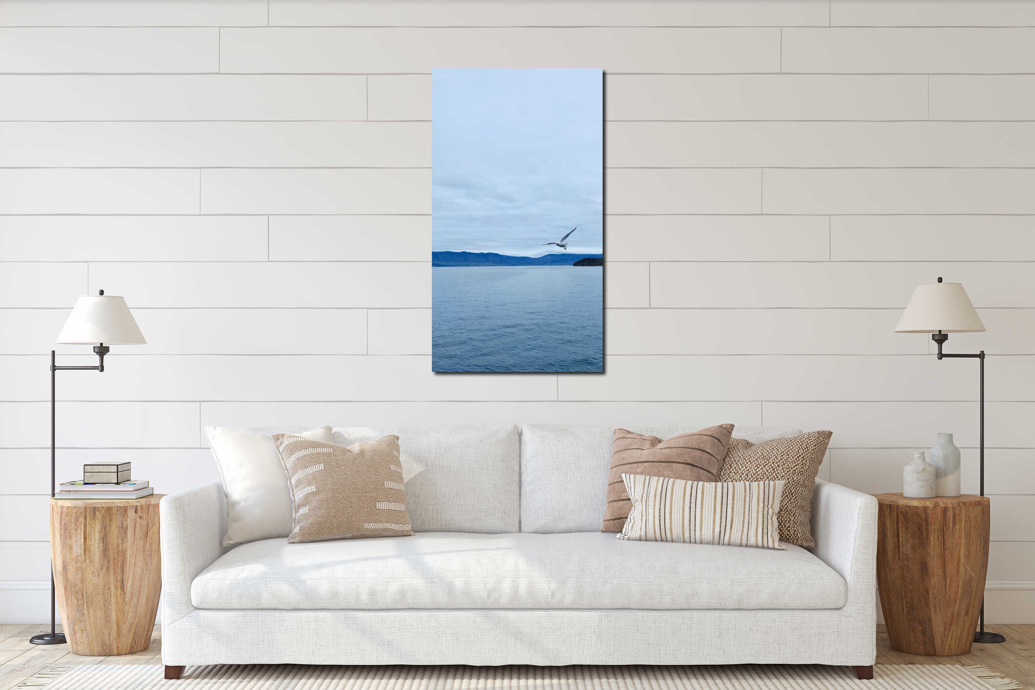 Single Seagull Flying above the Lake interior mockup