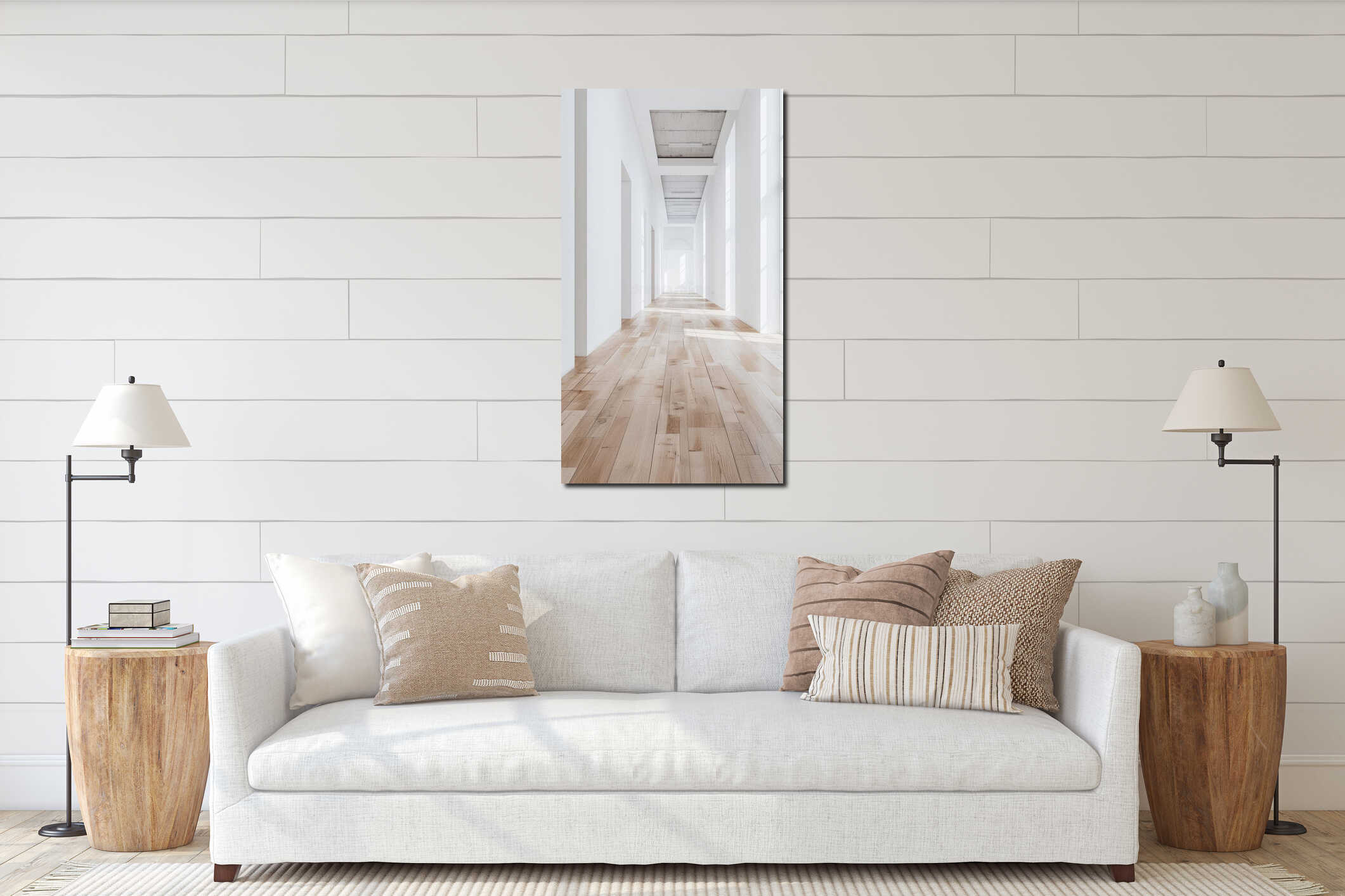 Bright minimalistic hallway with wooden flooring, architectural interior concept interior mockup