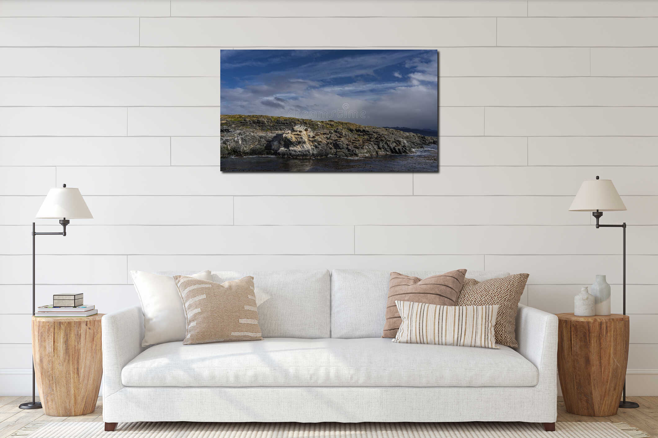 A colony of sea lions rests on the slope of a rocky islet in the Beagle Channel. interior mockup