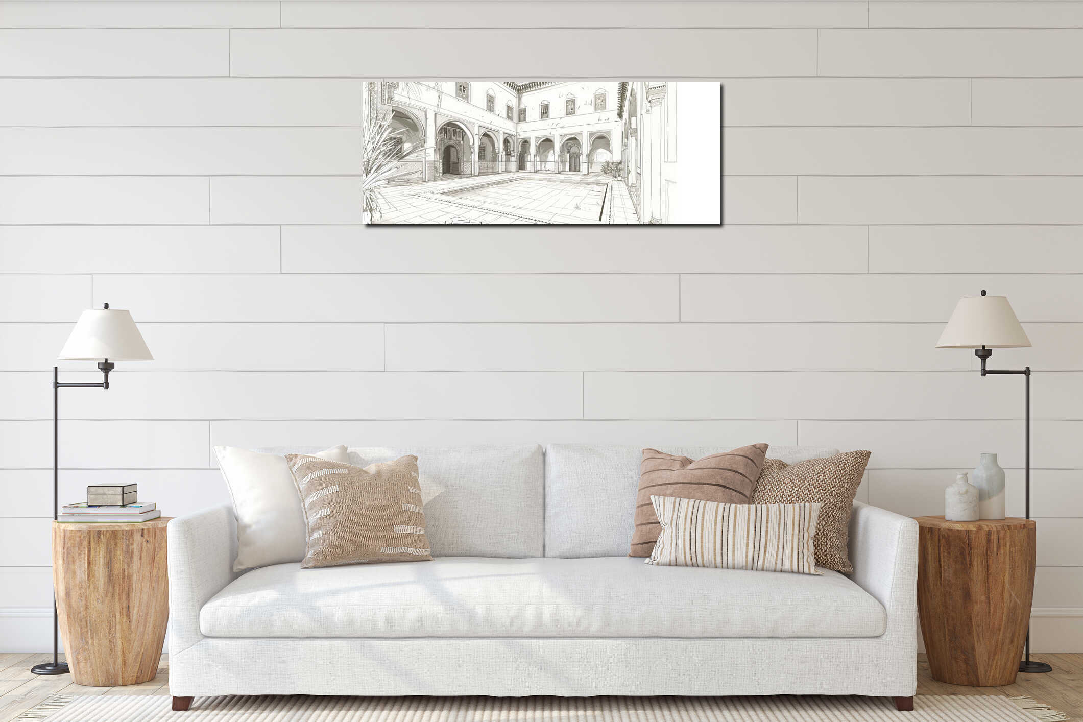 A sketch of a traditional Moroccan riad, with intricate tile work, central courtyard, and arched interior mockup