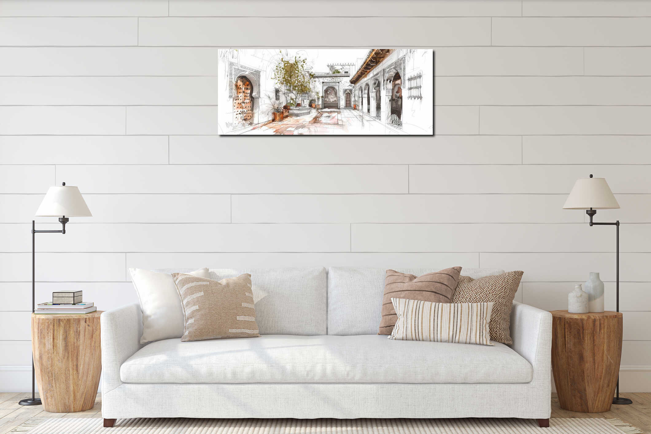 A sketch of a traditional Moroccan riad, with intricate tile work, central courtyard, and arched interior mockup